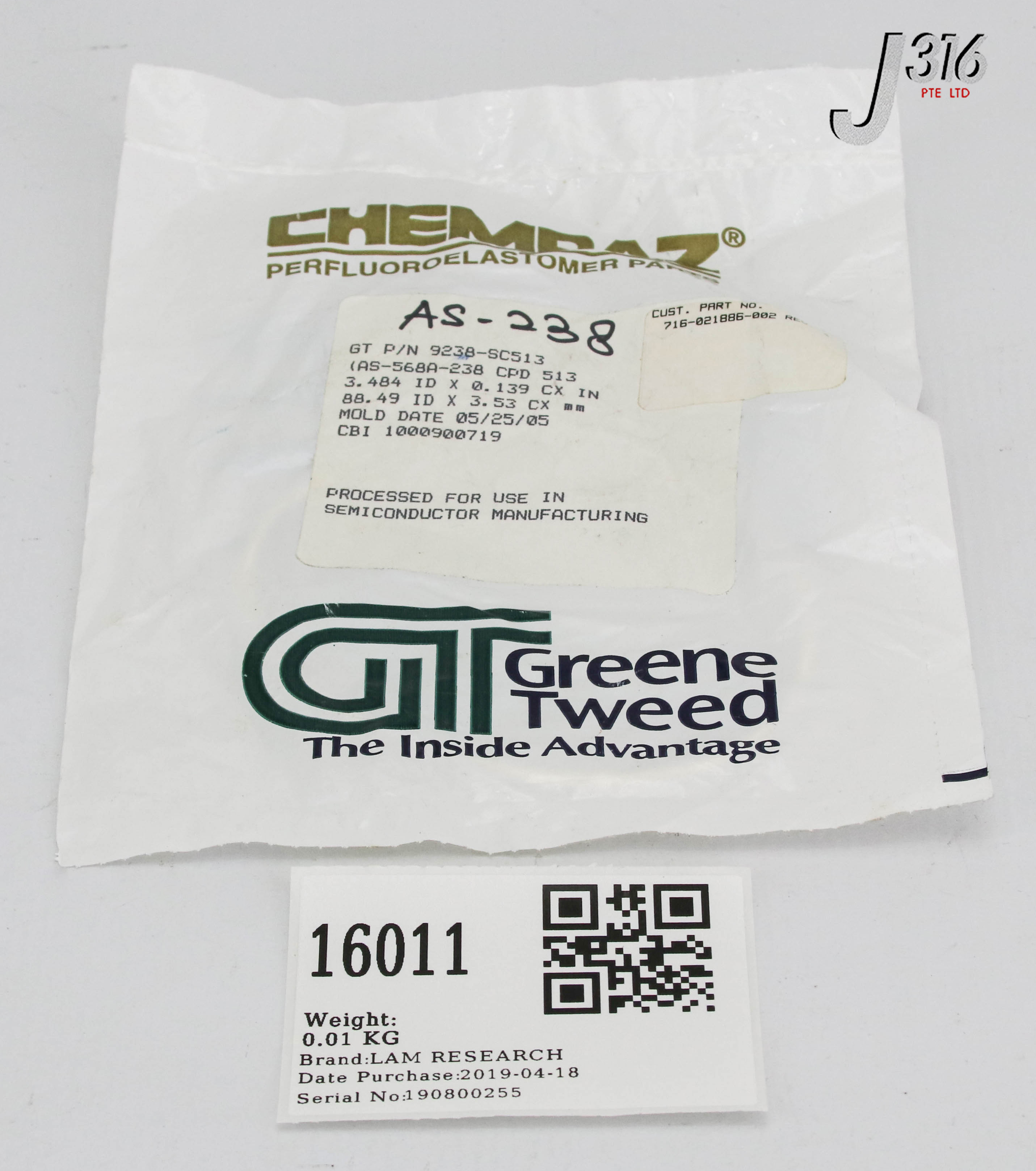 16011 LAM RESEARCH CHEMRAZ O-RING, 3.484 ID X 0.139 CX ", 9238-SC513 (NEW) 716-021886-002