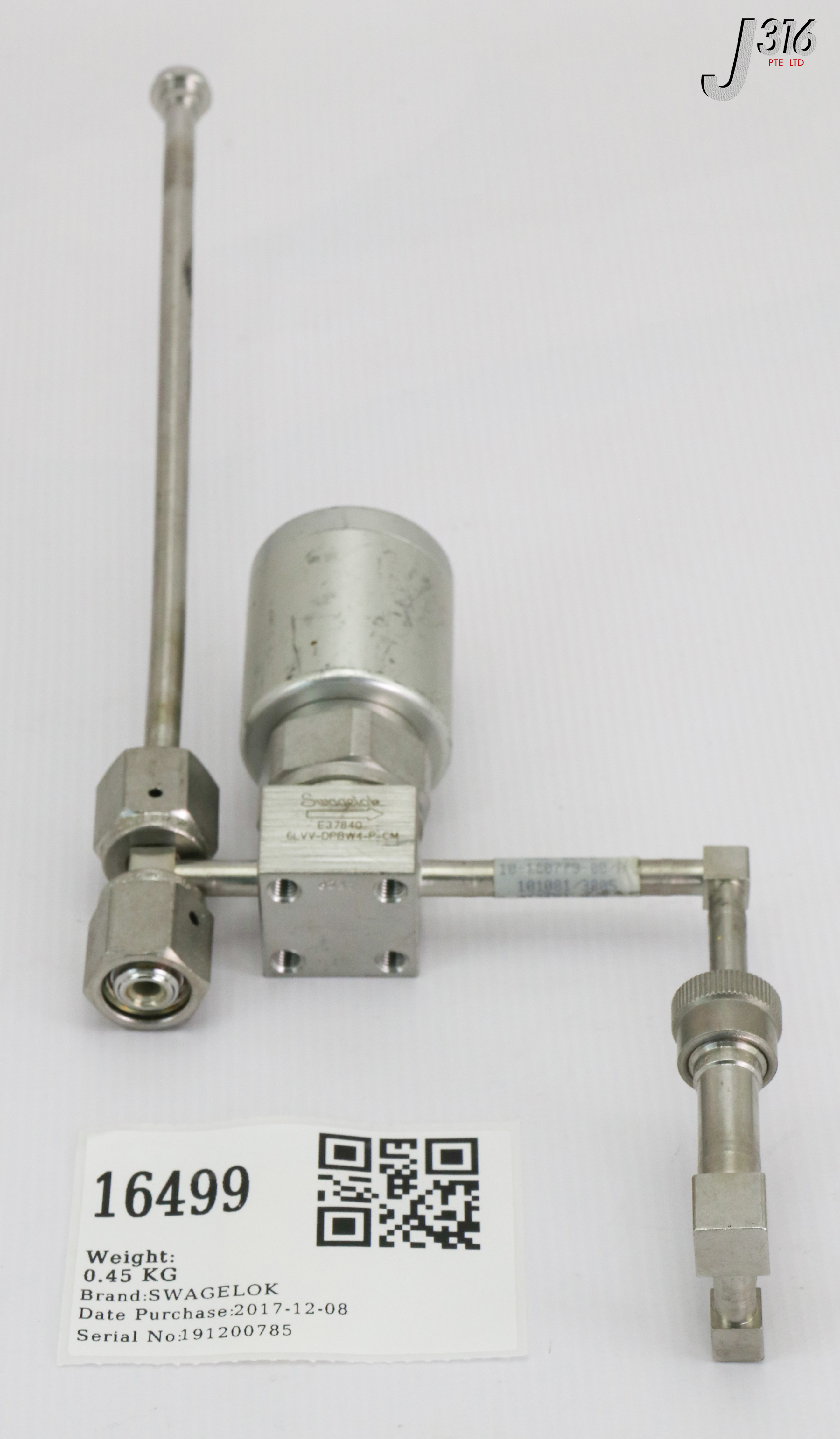 16499 SWAGELOK UHP DIAPHRAGM SEALED VALVE W/ WELDMENT 10-160779-00, 1/4" MALE VCR FTG 6LVV-DPBW4-P-CM