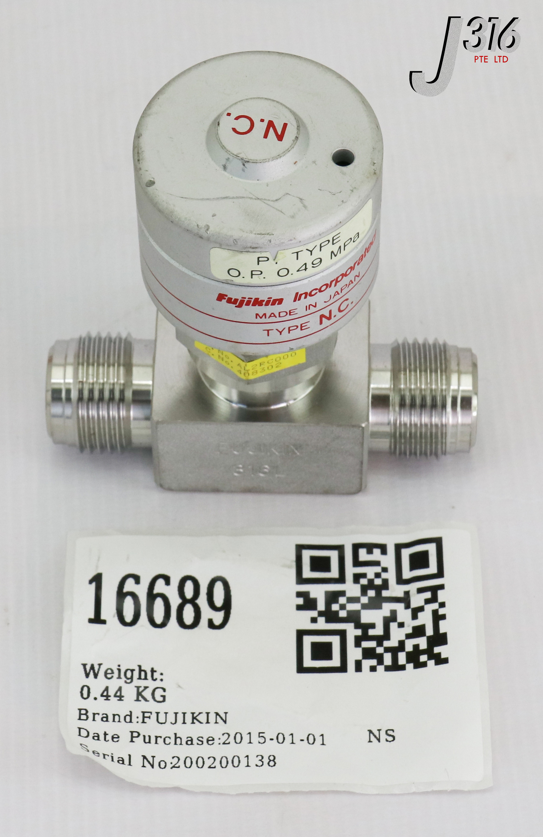 16689 FUJIKIN DIAPHRAGM VALVE, TYPE N.C., PI TYPE, O.P. 0.49 MPA 408302