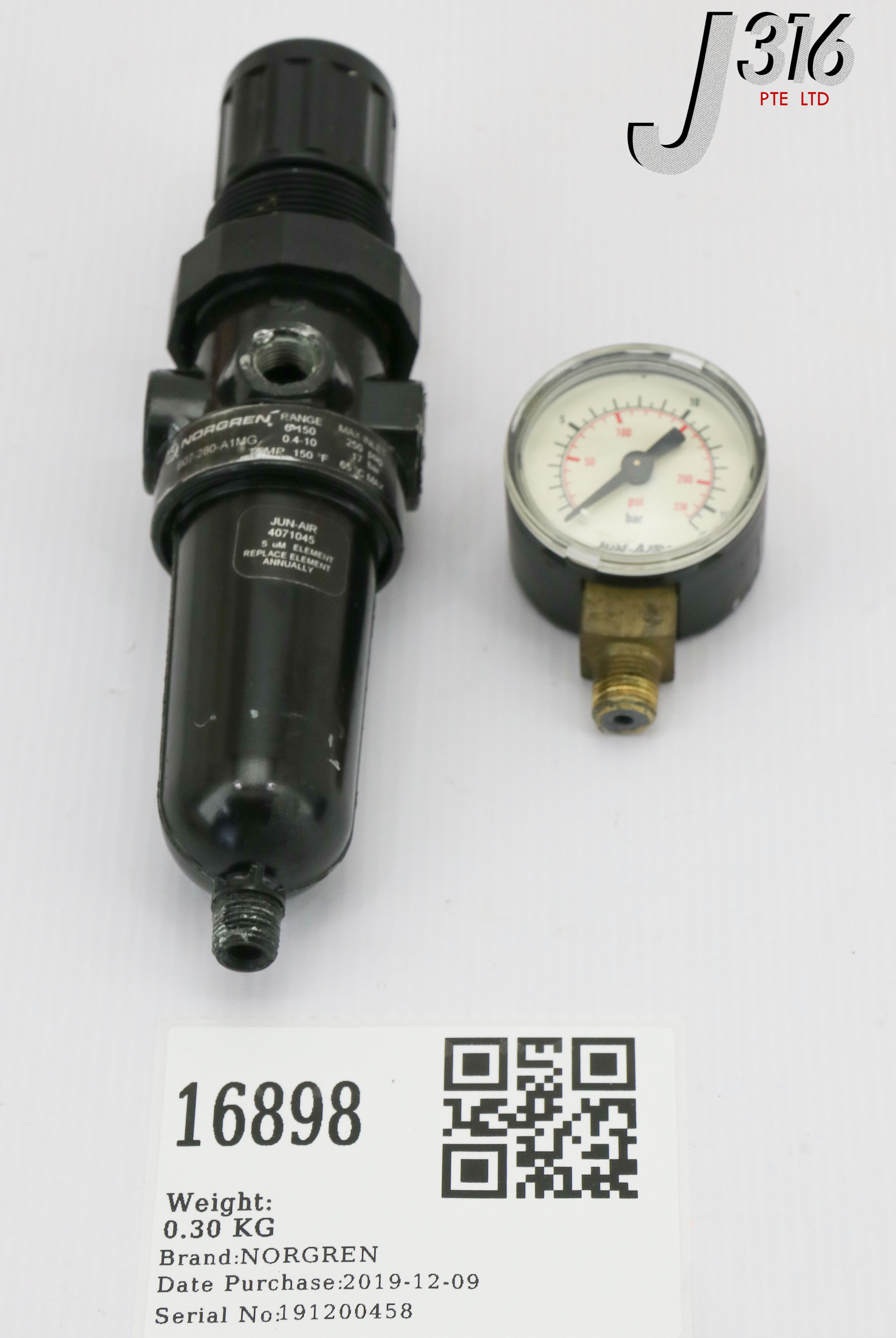 16898 NORGREN FILTER-REGULATOR AUTOMATIC DRAIN G1/4" W/ JUN-AIR GAUGE B07-280-A1MG