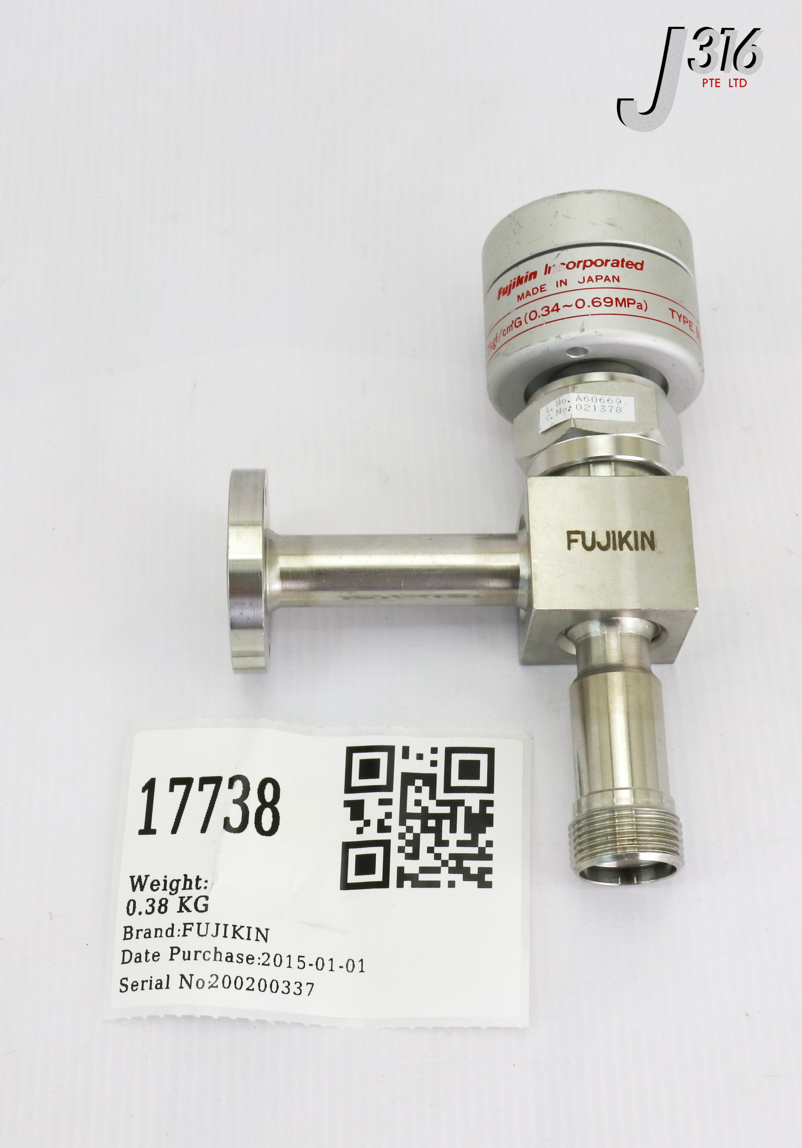 17738 FUJIKIN DIAPHRAGM VALVE, TYPE N.C., O.P. 3.5~7KGF/CM2G(0.34~0.69MPA) 021378