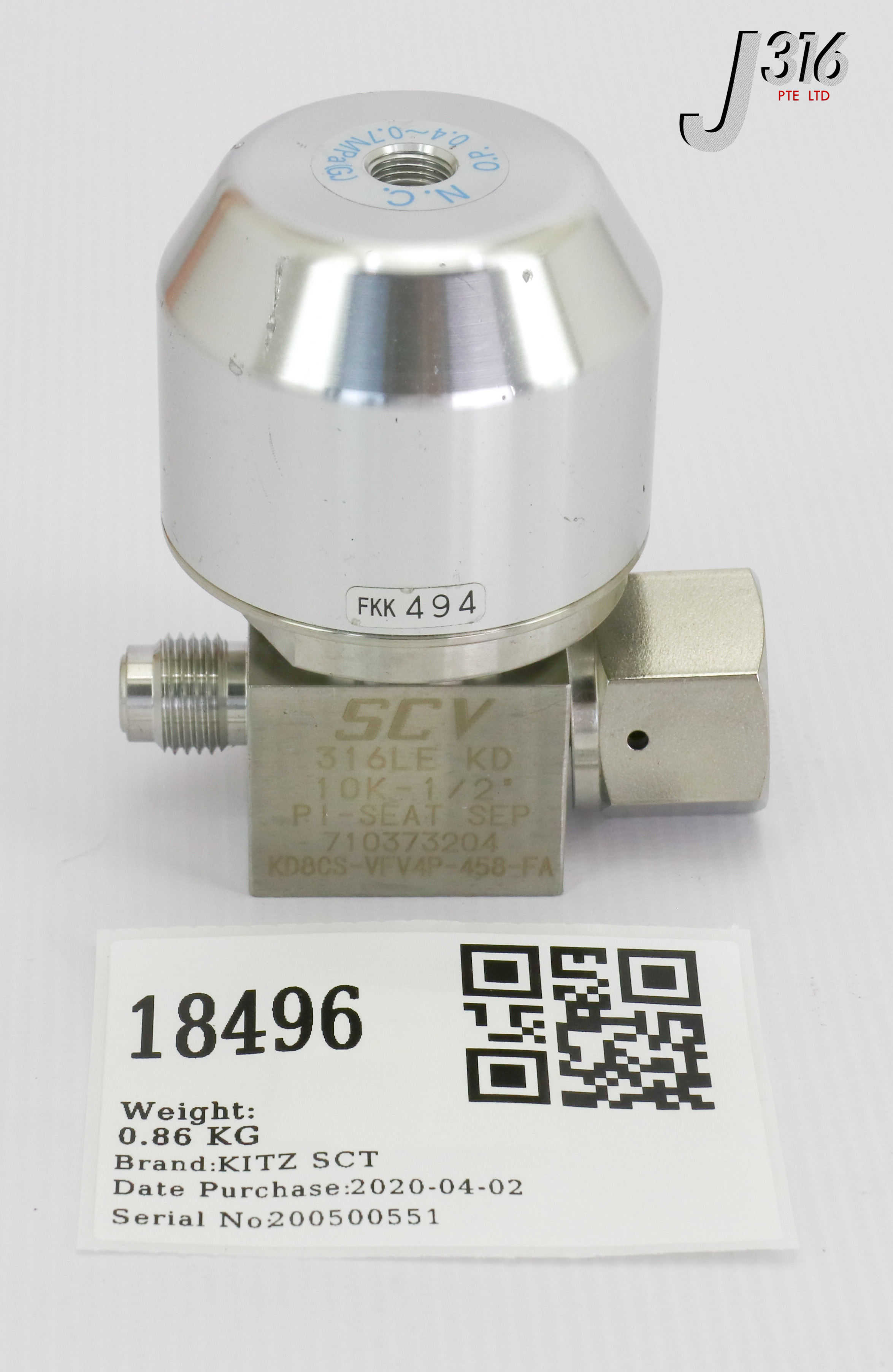 18496 KITZ SCT DIAPHRAGM VALVE, 316LE KD 10K-1/2'' PI-SEAT SEP KD8CS-VFV4P-458-FA