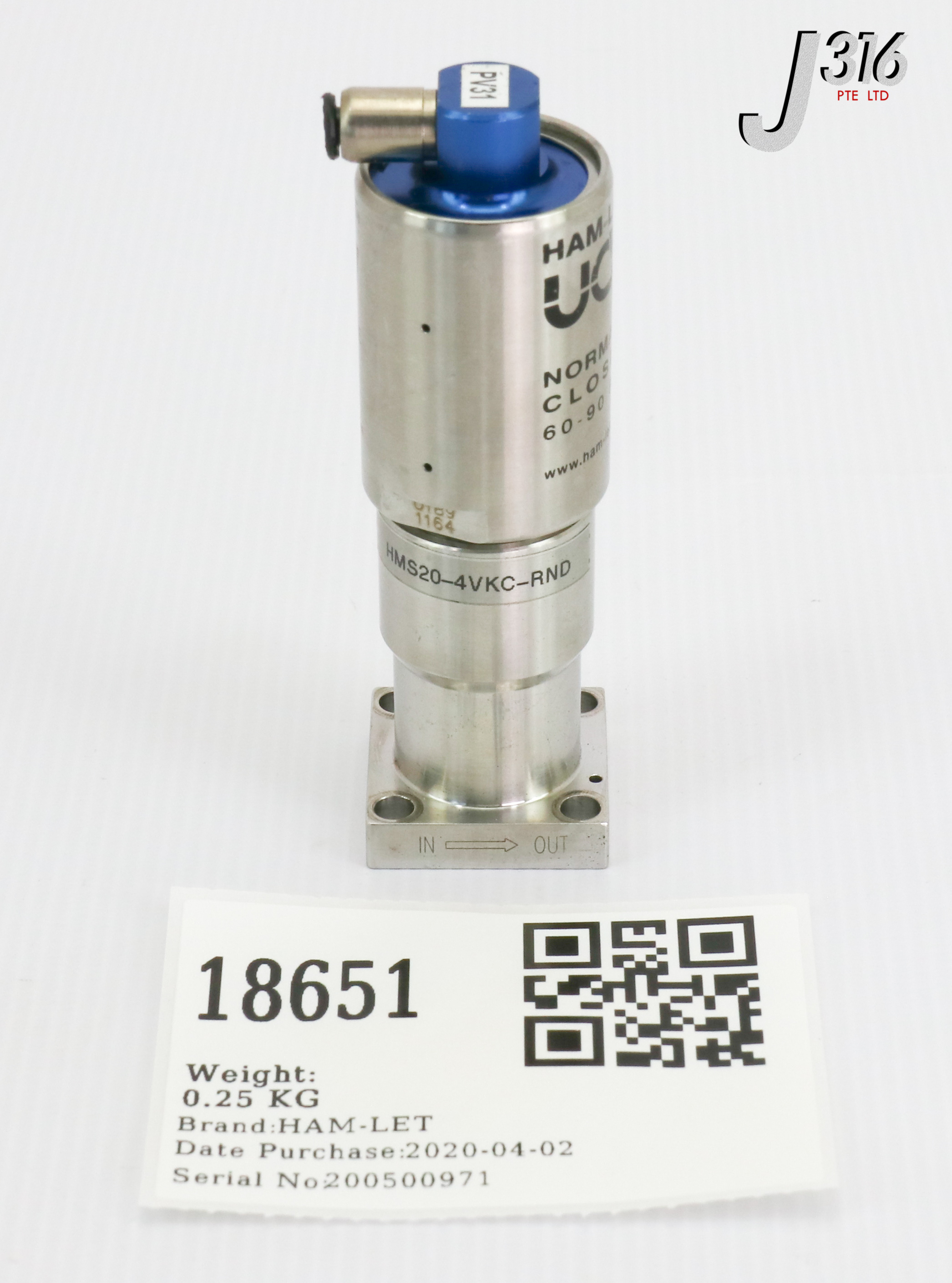 18651 HAM-LET UCV VALVE, SEAT PCTFE, N.C., 60 - 90 PSI HMS20-4VKC-RND