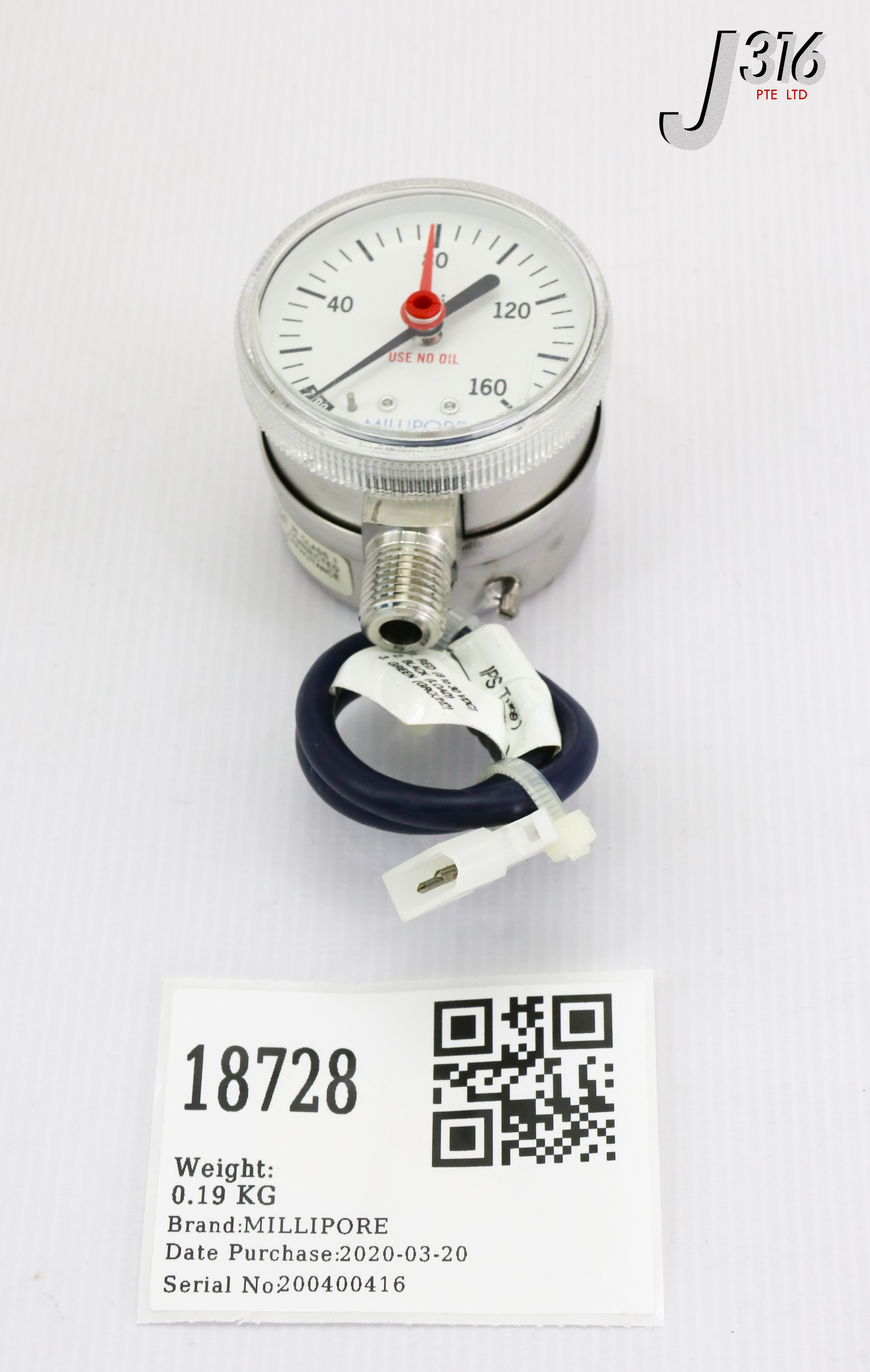 18728 MILLIPORE PRESSURE GAUGE, 0-160 PSI, 1/4" FITTING, 23-0003-001 01-0122-E