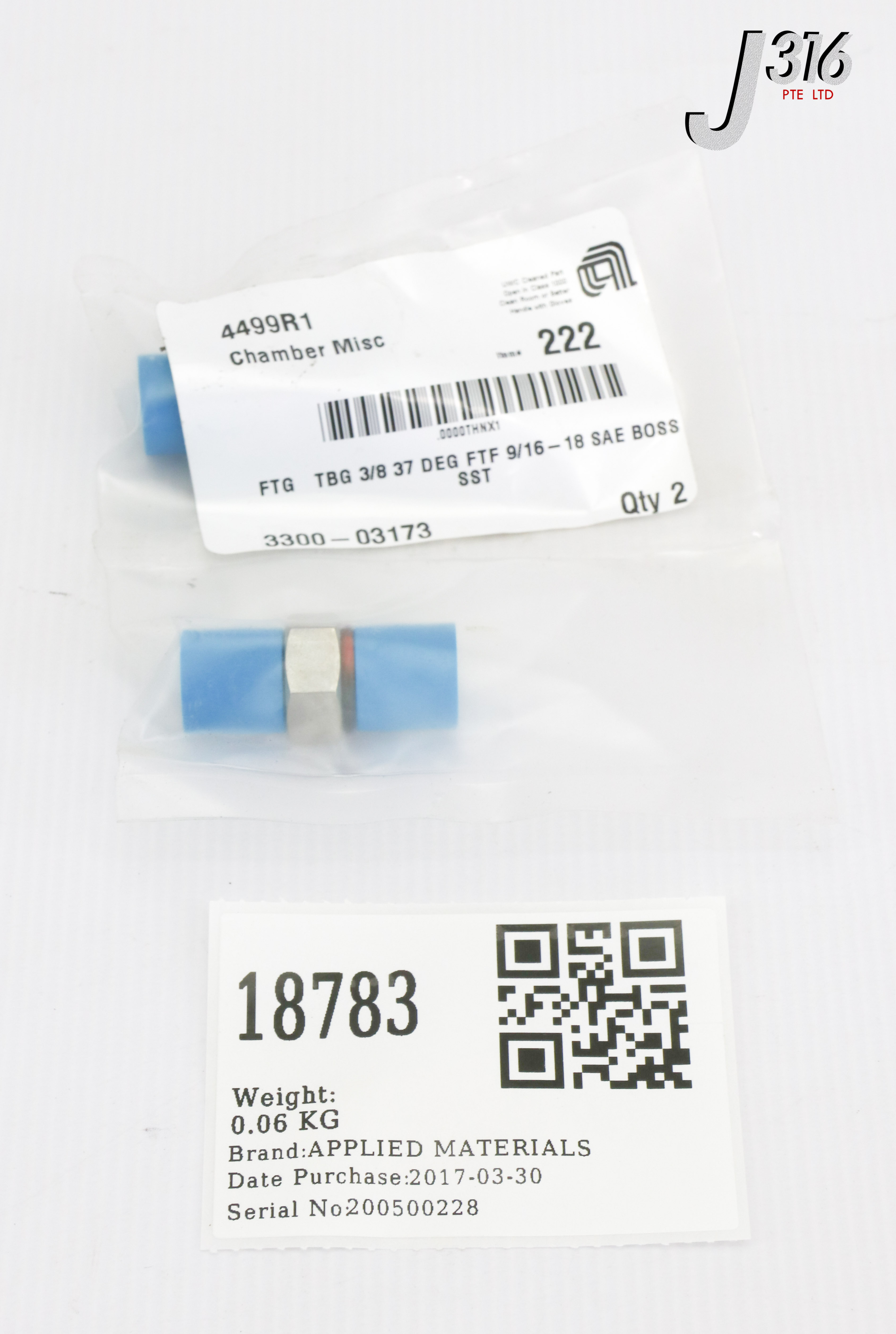 18783 APPLIED MATERIALS FTG TBG 3/8 37 DEG FTF 9/16-18 SAE BOS (NEW) 3300-03173
