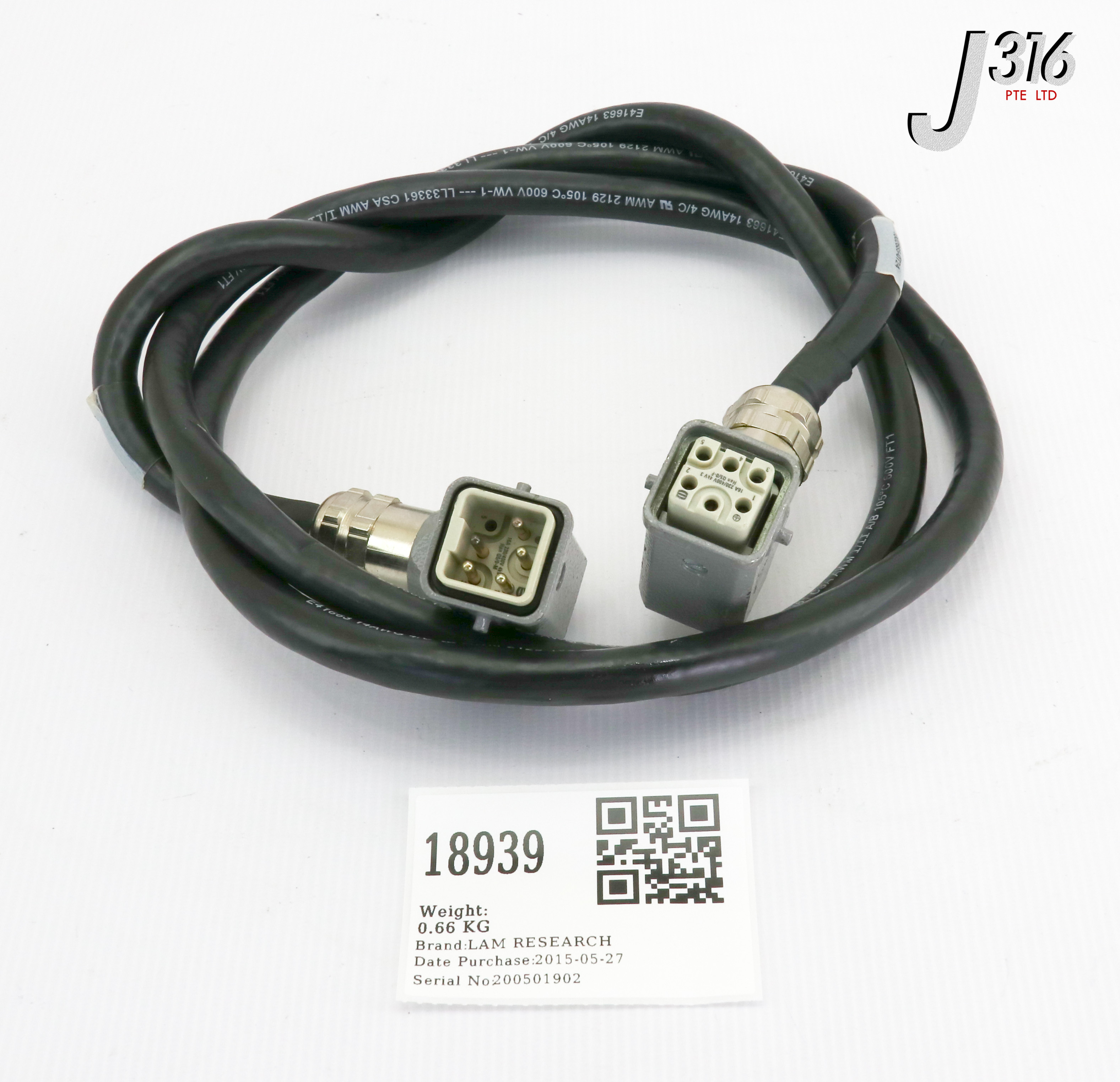 18939 LAM RESEARCH CABLE ASSY, RIGHT ANGLE FEMALE TO RIGHT ANGLE MALE, 1.7M 853-016152-002