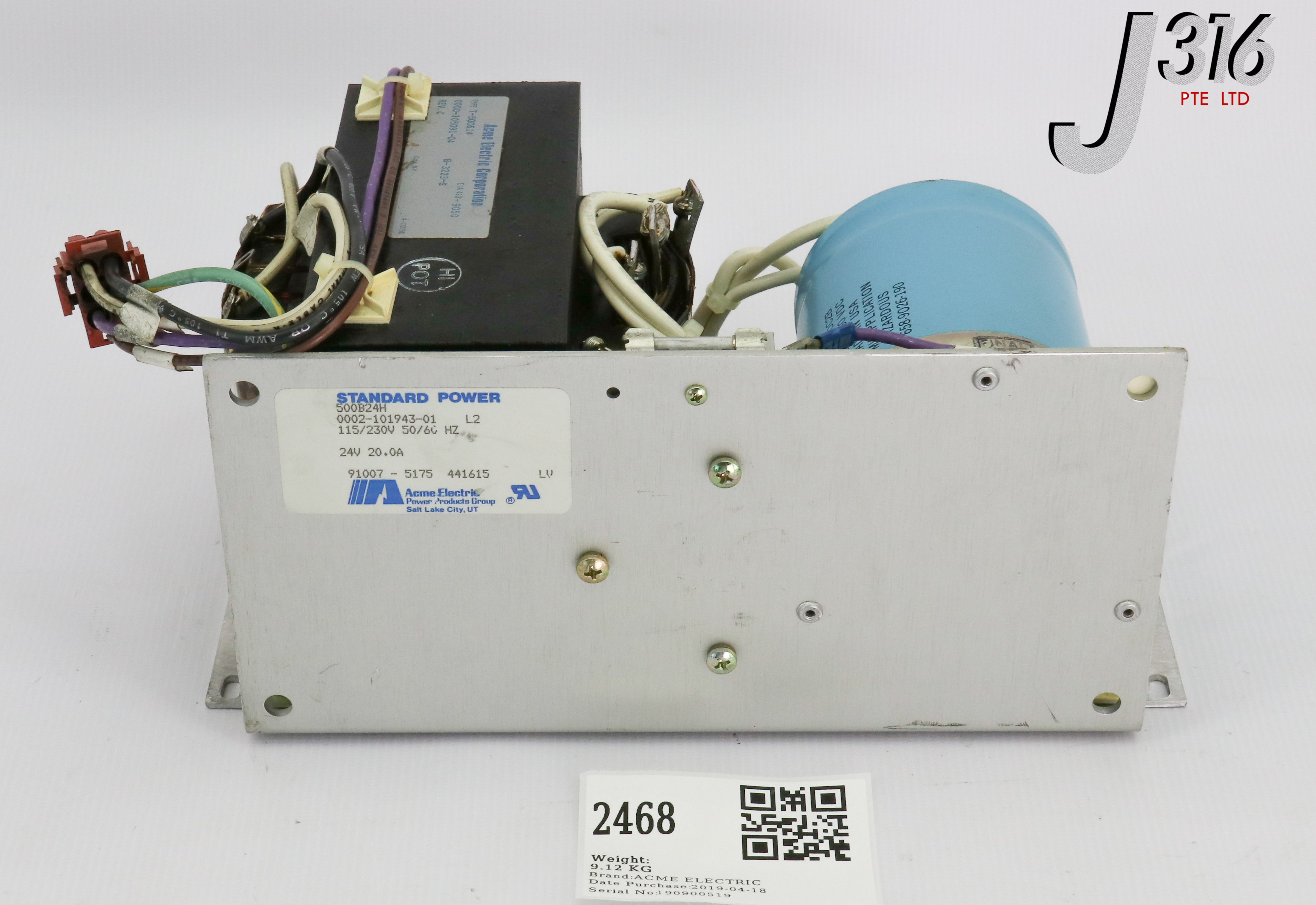 2468 ACME ELECTRIC POWER SUPPLY, 115/230V, 50/60HZ, 24V 20A DC, 0002-101943-01 500B24H