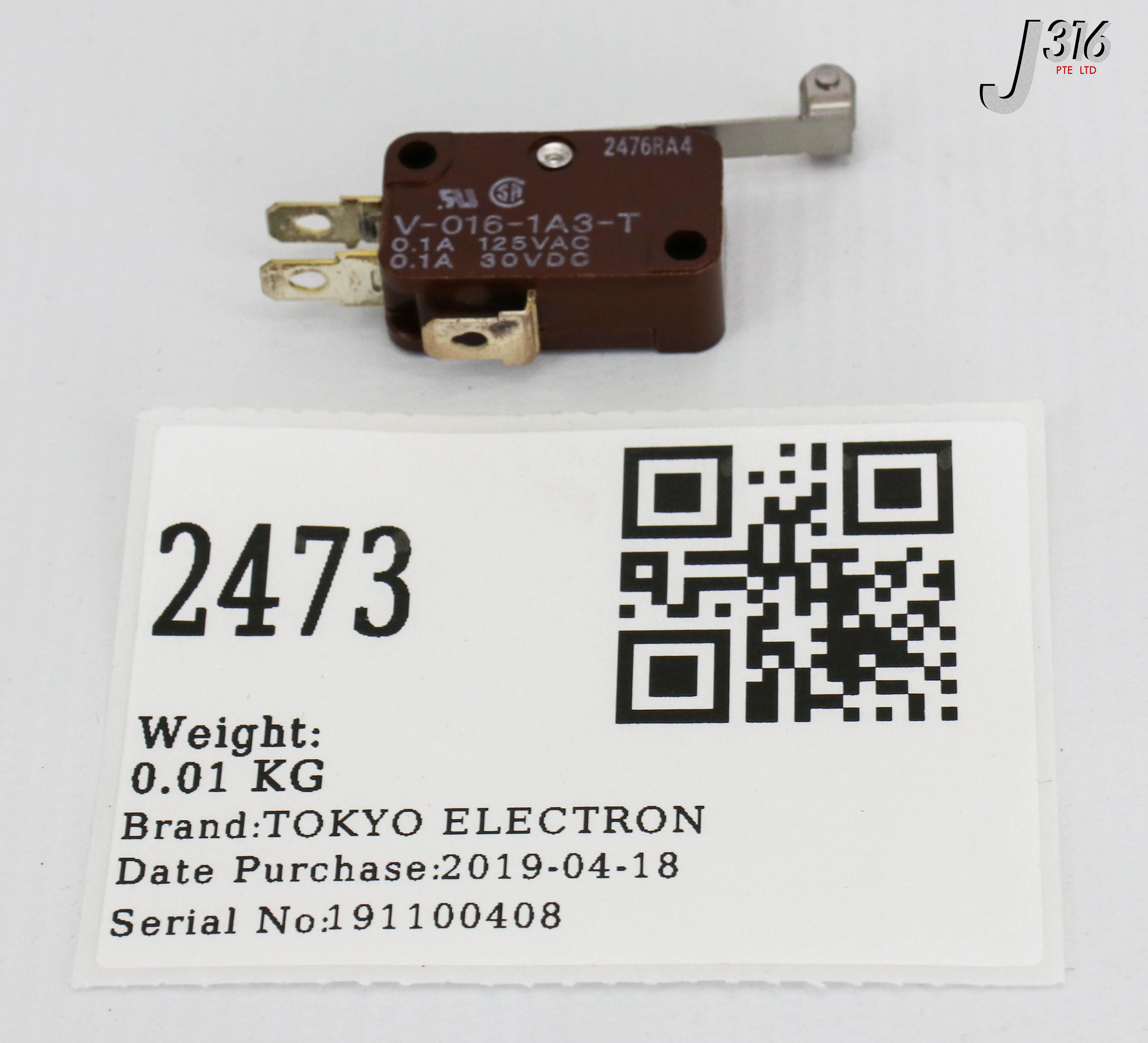 2473 TOKYO ELECTRON MICRO ROLLER LEVER ARM OPEN/CLOSE LIMIT SWITCH, OMRON V-016-1A3-T (NEW) 036-004524-1