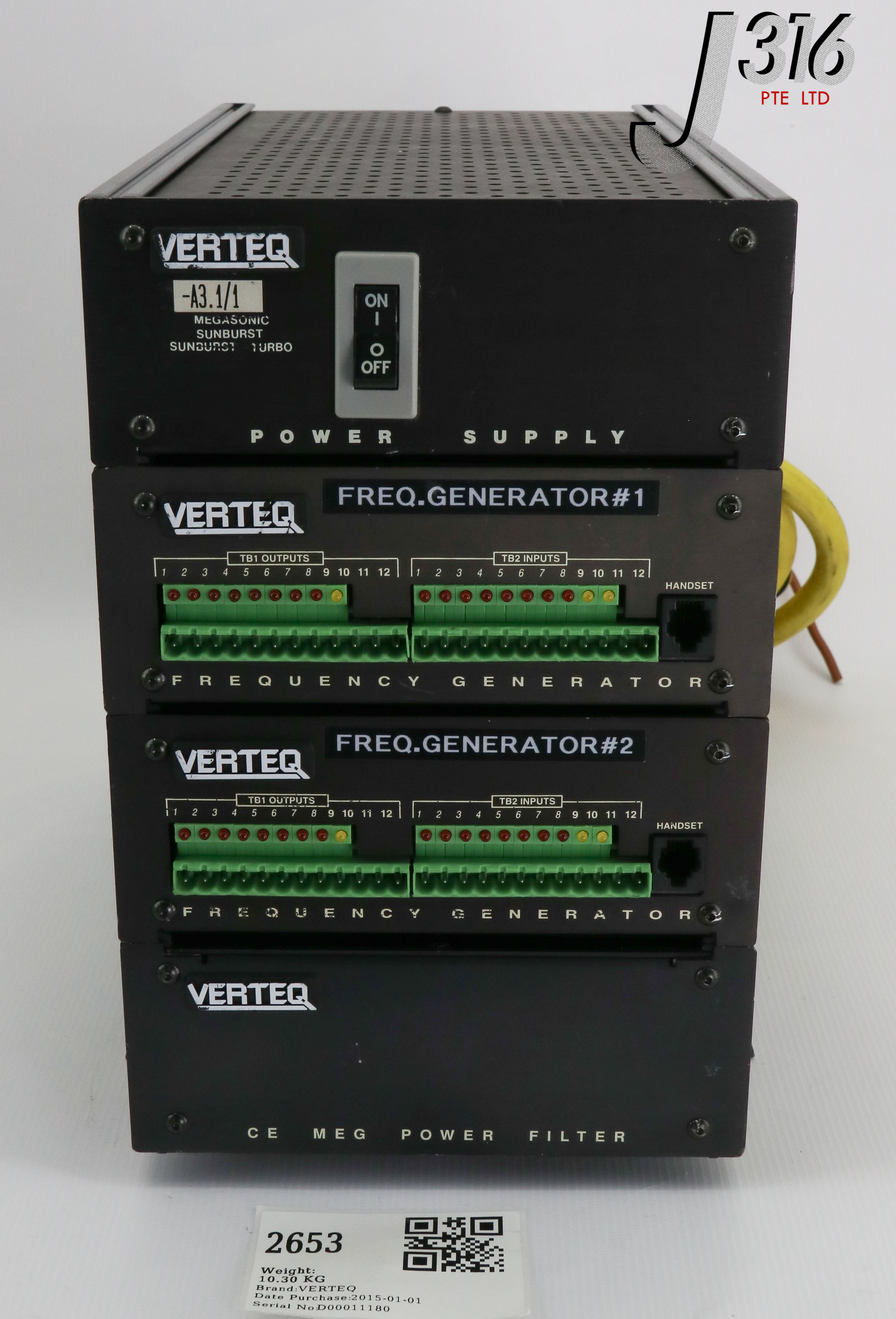 2653 VERTEQ MEGASONIC SUNBURST TURBO W/ 3 CONTROLLERS, -A3.1/1 M-003-004 STQD800-CC50-M6-PVDF