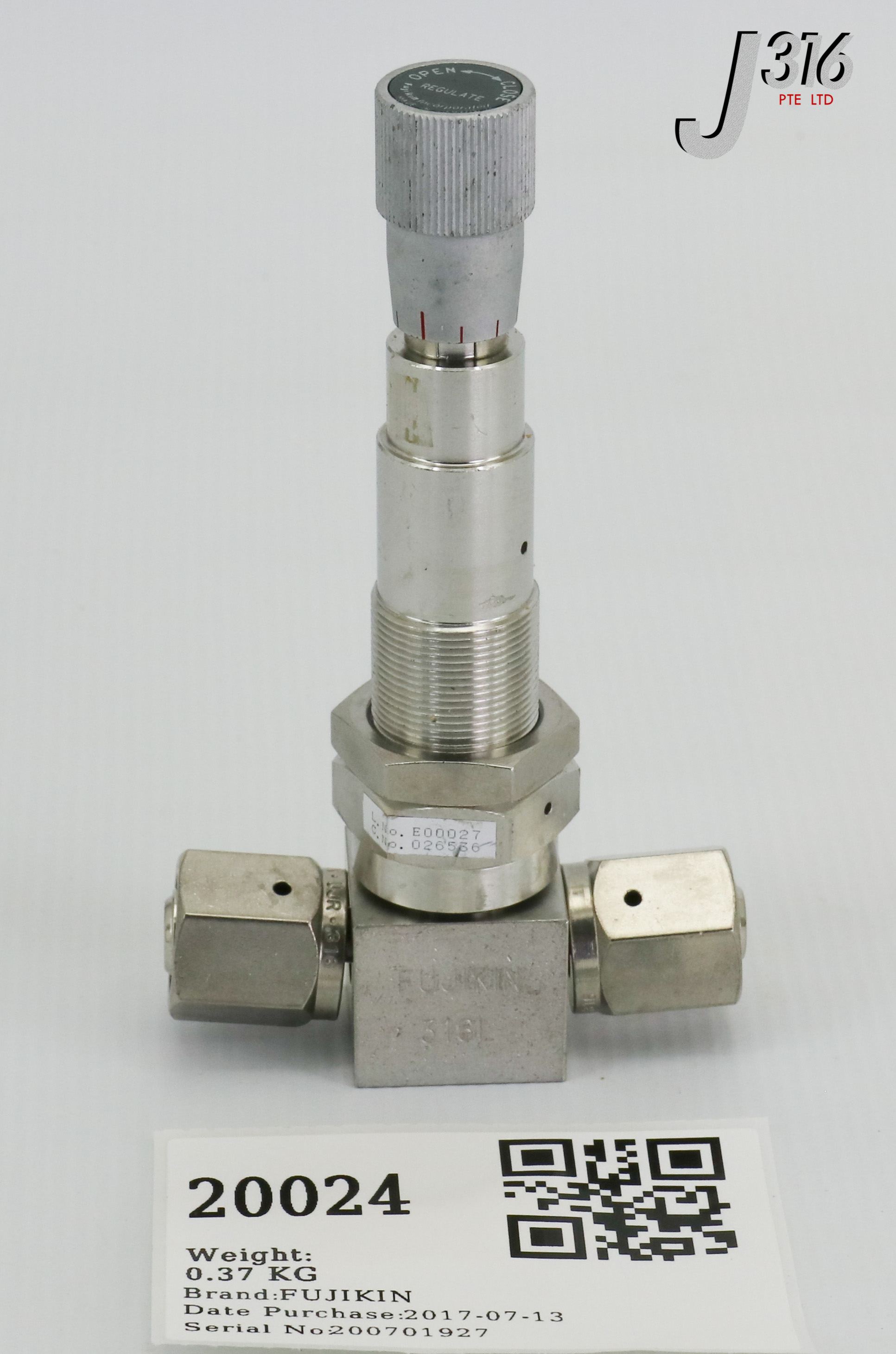 20024 FUJIKIN METERING NEEDLE REGULATOR VALVE 026536