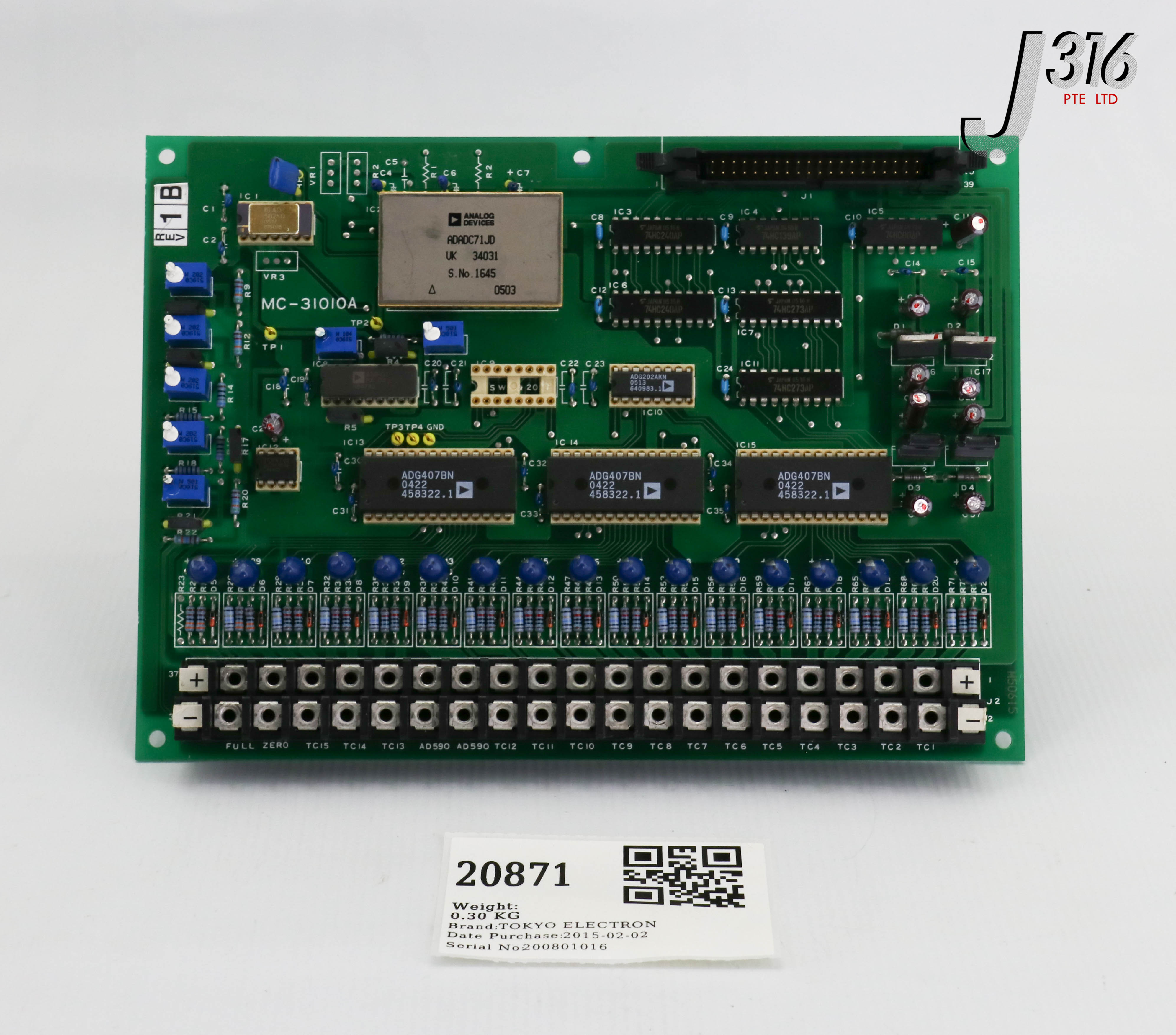 20871 TOKYO ELECTRON PCB ASSY FOR MODEL 120 TEMP CONTROLLER, 118100005319 MC-31010A