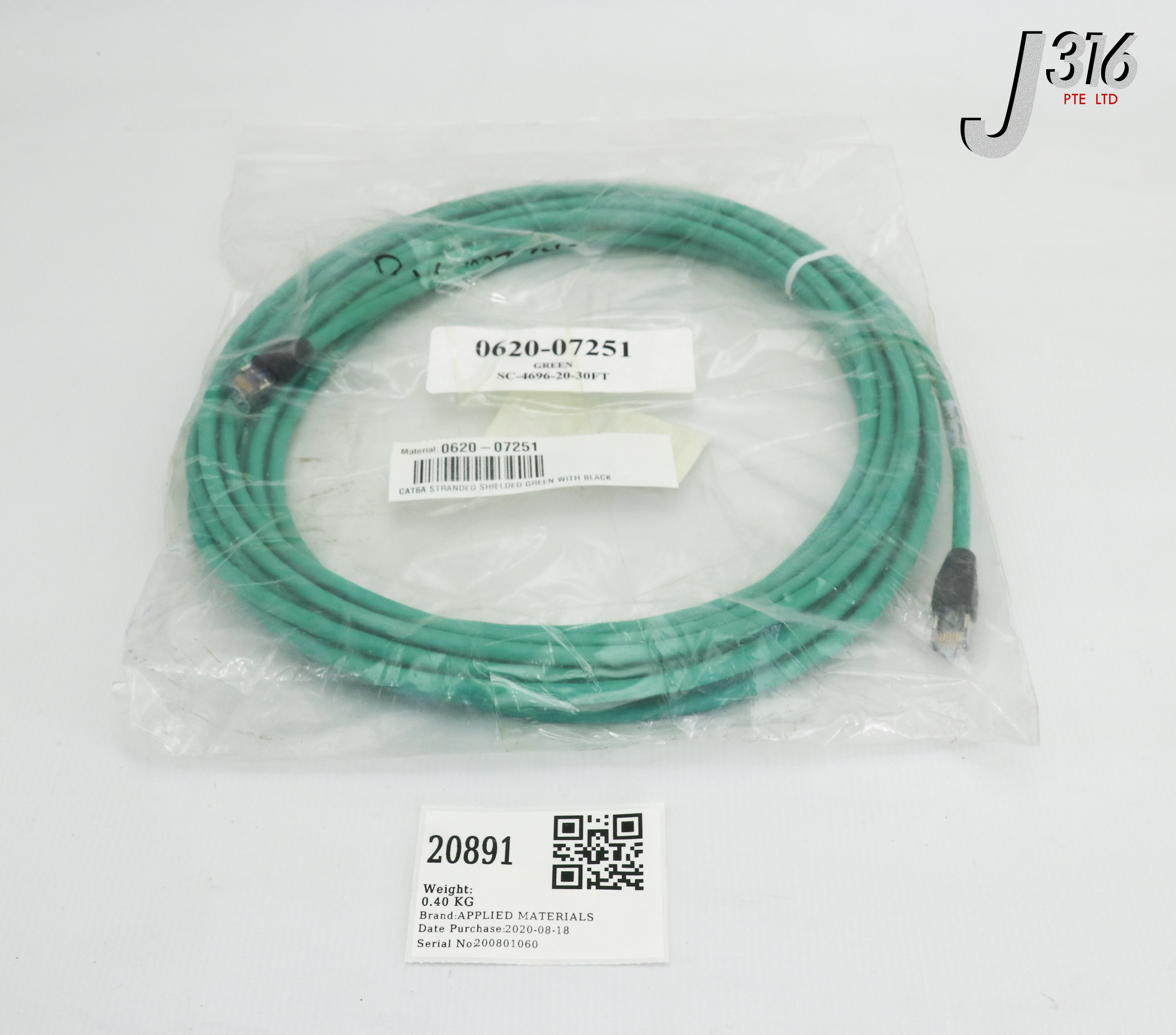 20891 APPLIED MATERIALS CABLE ASSY, CAT6A STRANDED SHIELDED GREEN WITH BLACK, SC-4696-20, 30FT (NEW) 0620-07251