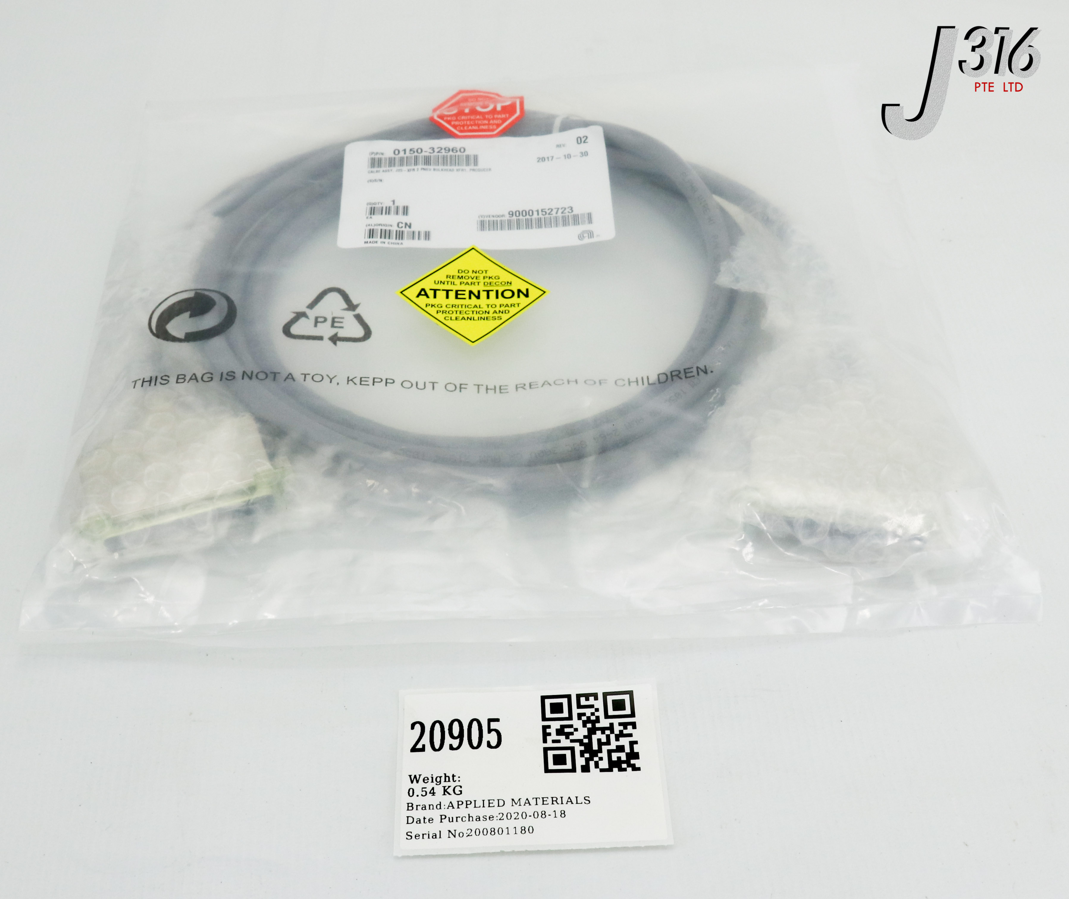 20905 APPLIED MATERIALS CABLE ASSY, J25-XFR 2 PNEU BULKHEAD XFR1, PRODUCER (NEW) 0150-32960