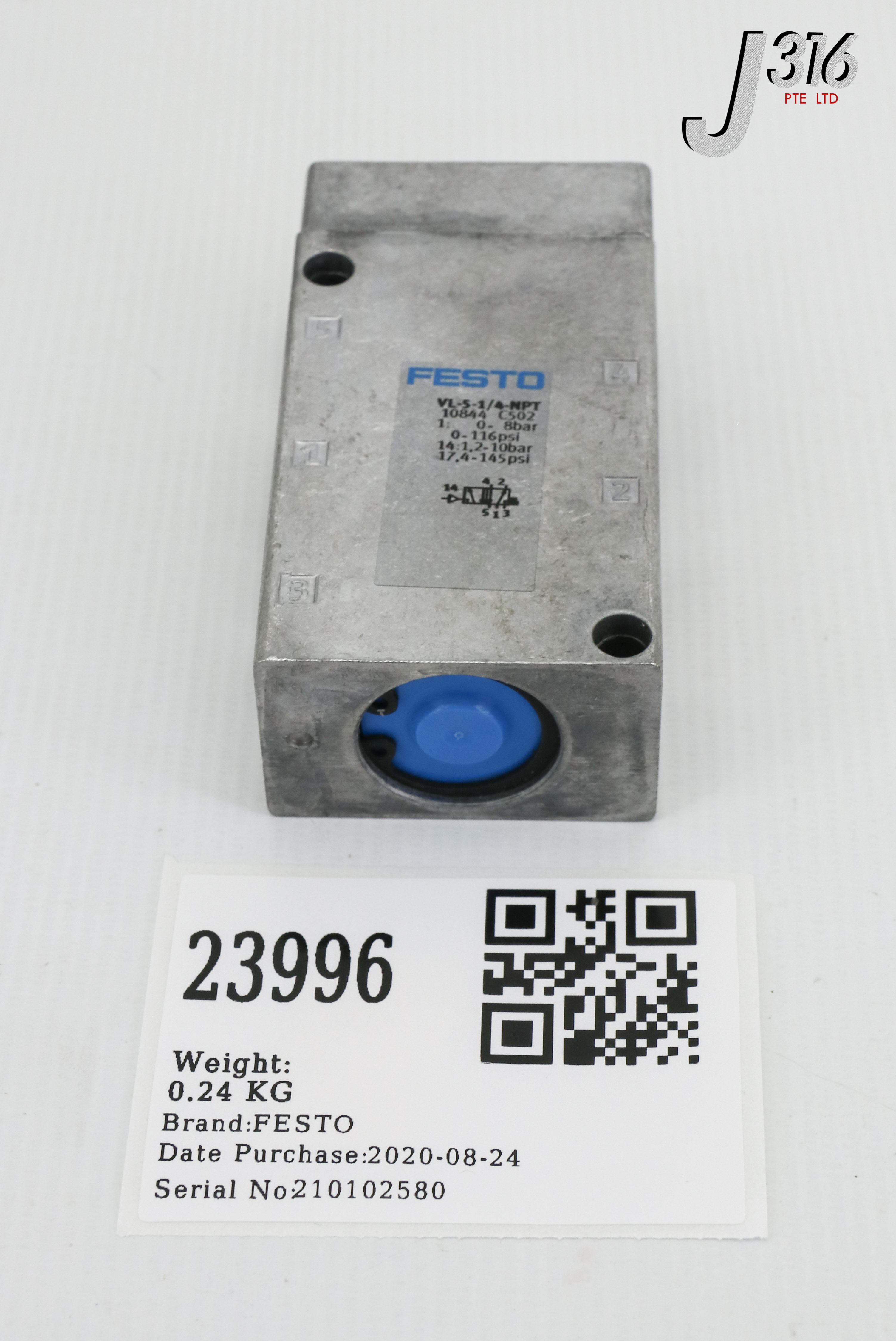 23996 FESTO PNEUMATIC VALVE, P/N: 10844 (NEW) VL-5-1/4-NPT