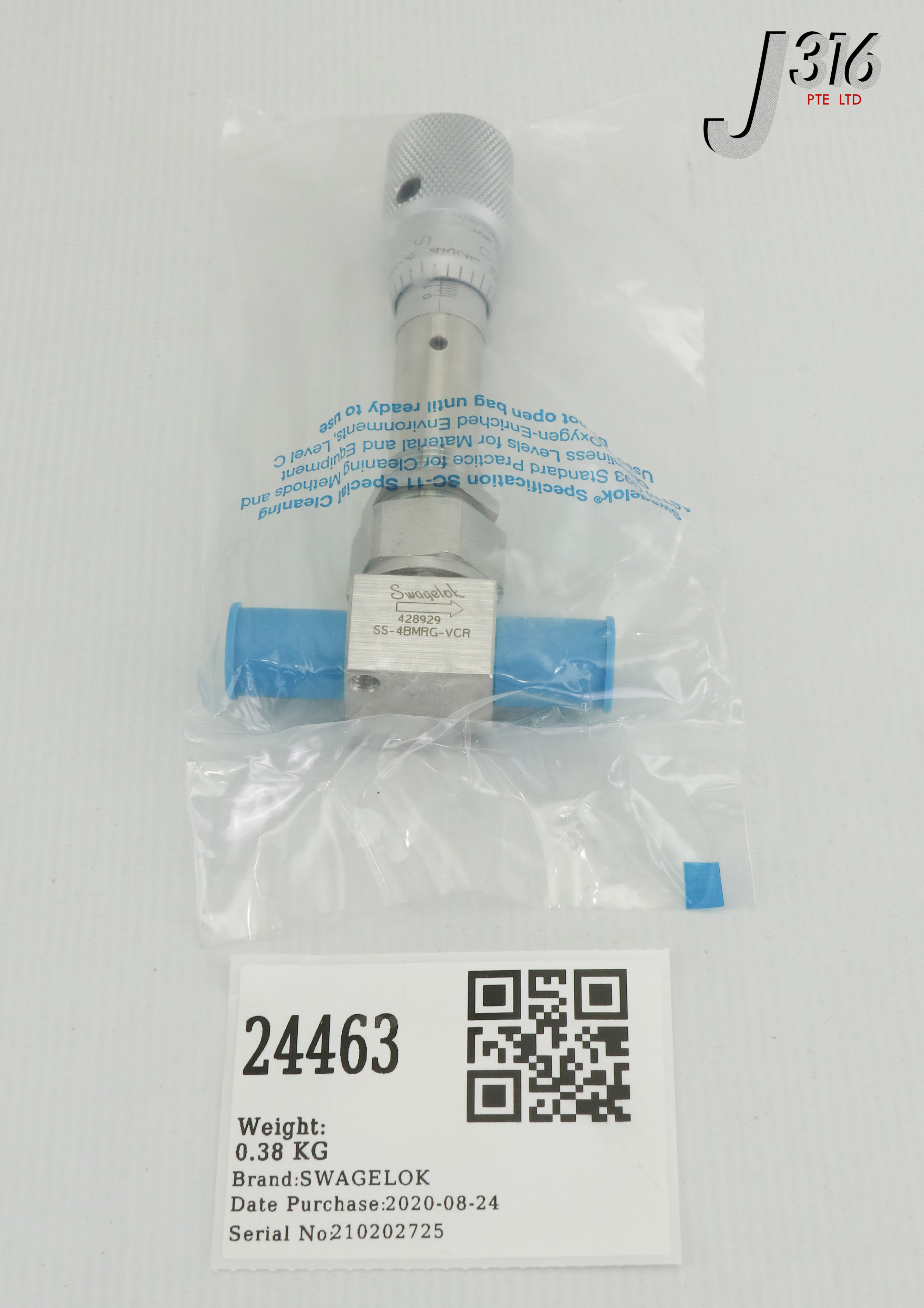 24463 SWAGELOK SS METERING BELLOWS SEALED VALVE, ¼" MVCR FACE SEAL (NEW) SS-4BMRG-VCR