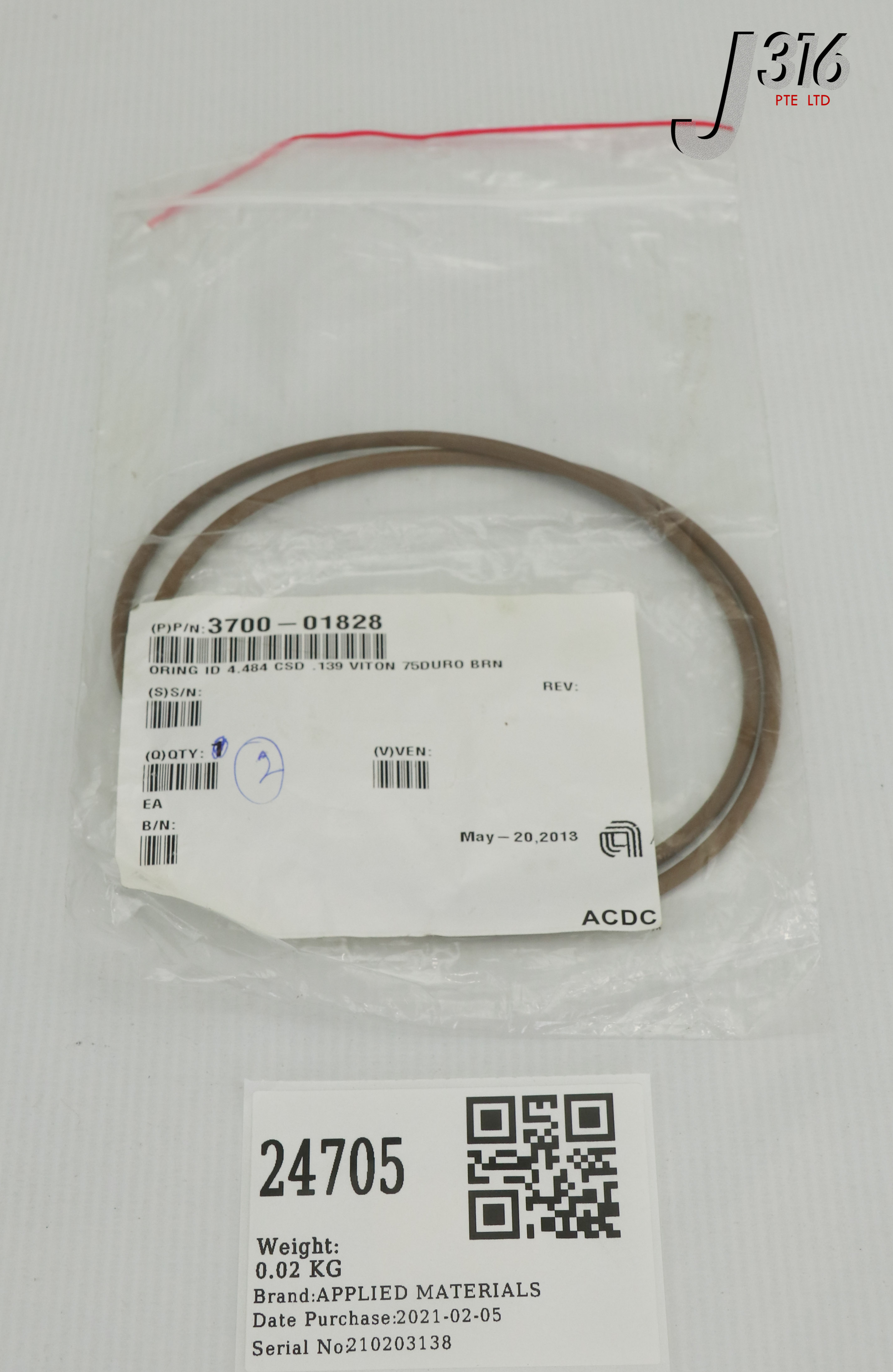 24705 APPLIED MATERIALS ORING ID 4.484 CSD .139 VITON 75DURO BRN (LOT OF 2) (NEW) 3700-01828