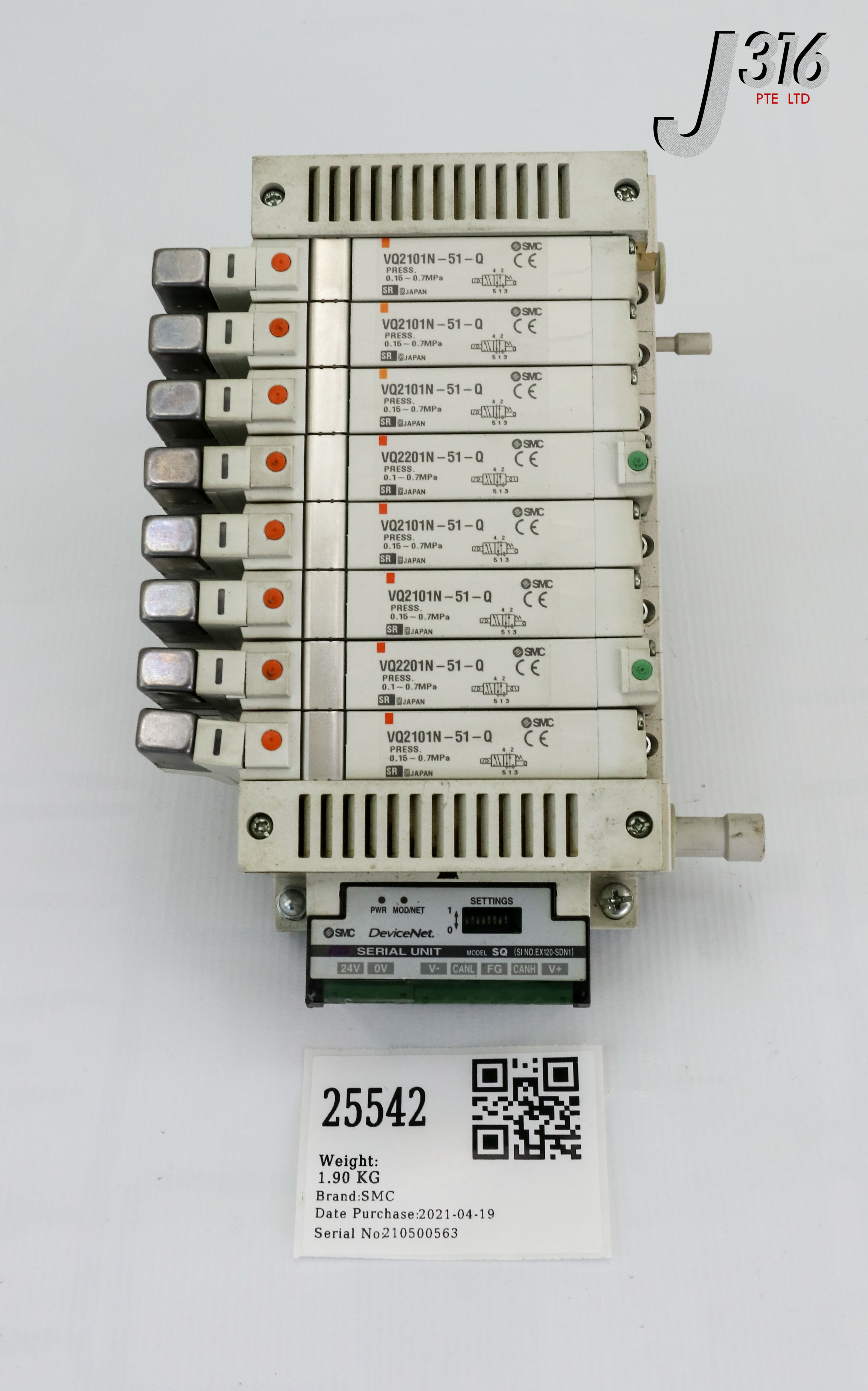 25542 SMC 8 SLOT SOLENOID MANIFOLD W/ 6X VQ2101N-51-Q, 2X VQ2201N-51-Q EX120-SDN1-X2