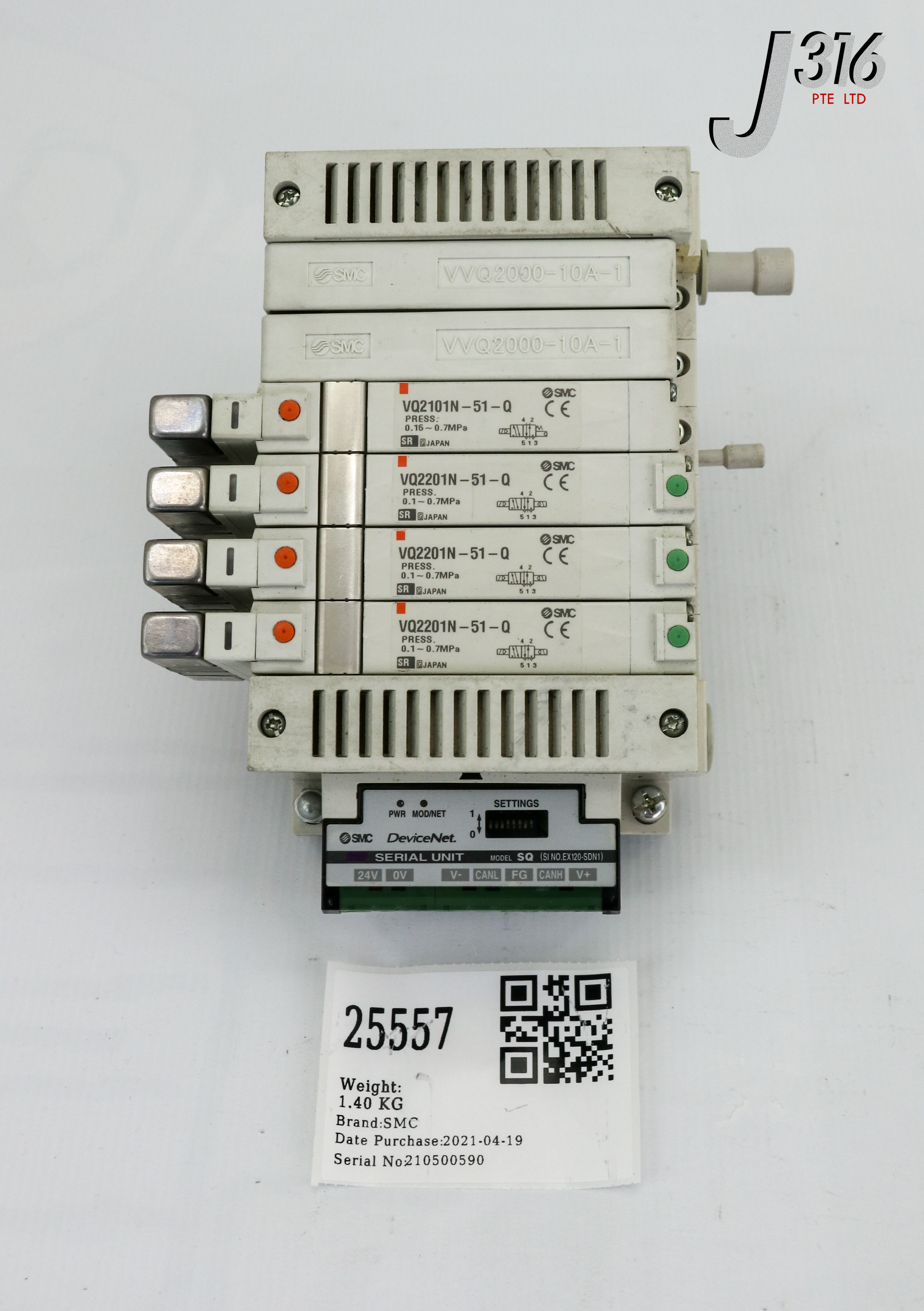 25557 SMC 6 SLOT SOLENOID MANIFOLD W/ 1X VQ2101N-51-Q, 3X VQ2201N-51-Q EX120-SDN1-X2