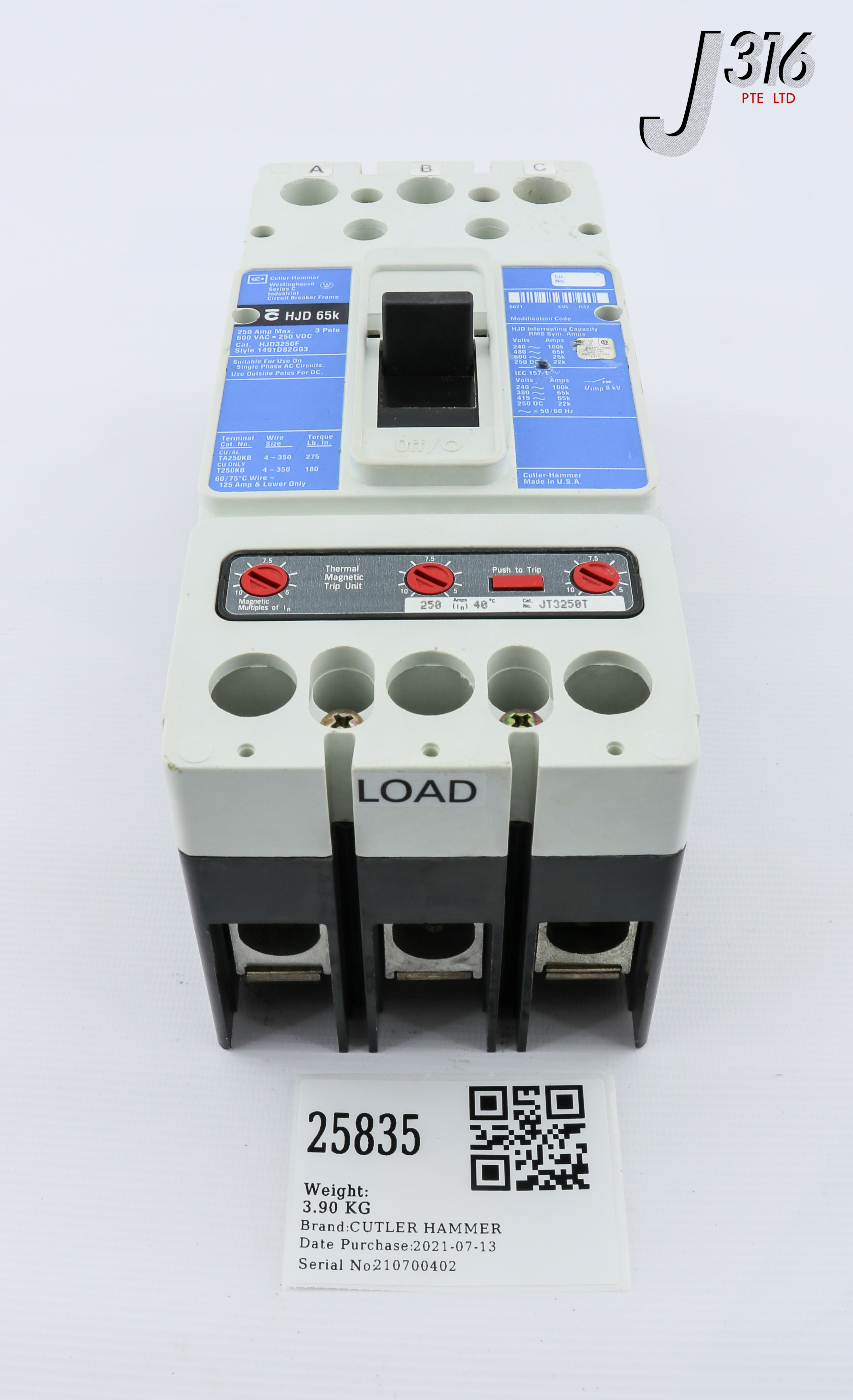 25835 CUTLER HAMMER CIRCUIT BREAKER HJD 65K, 250A 600VAC 250VDC HJD3250F