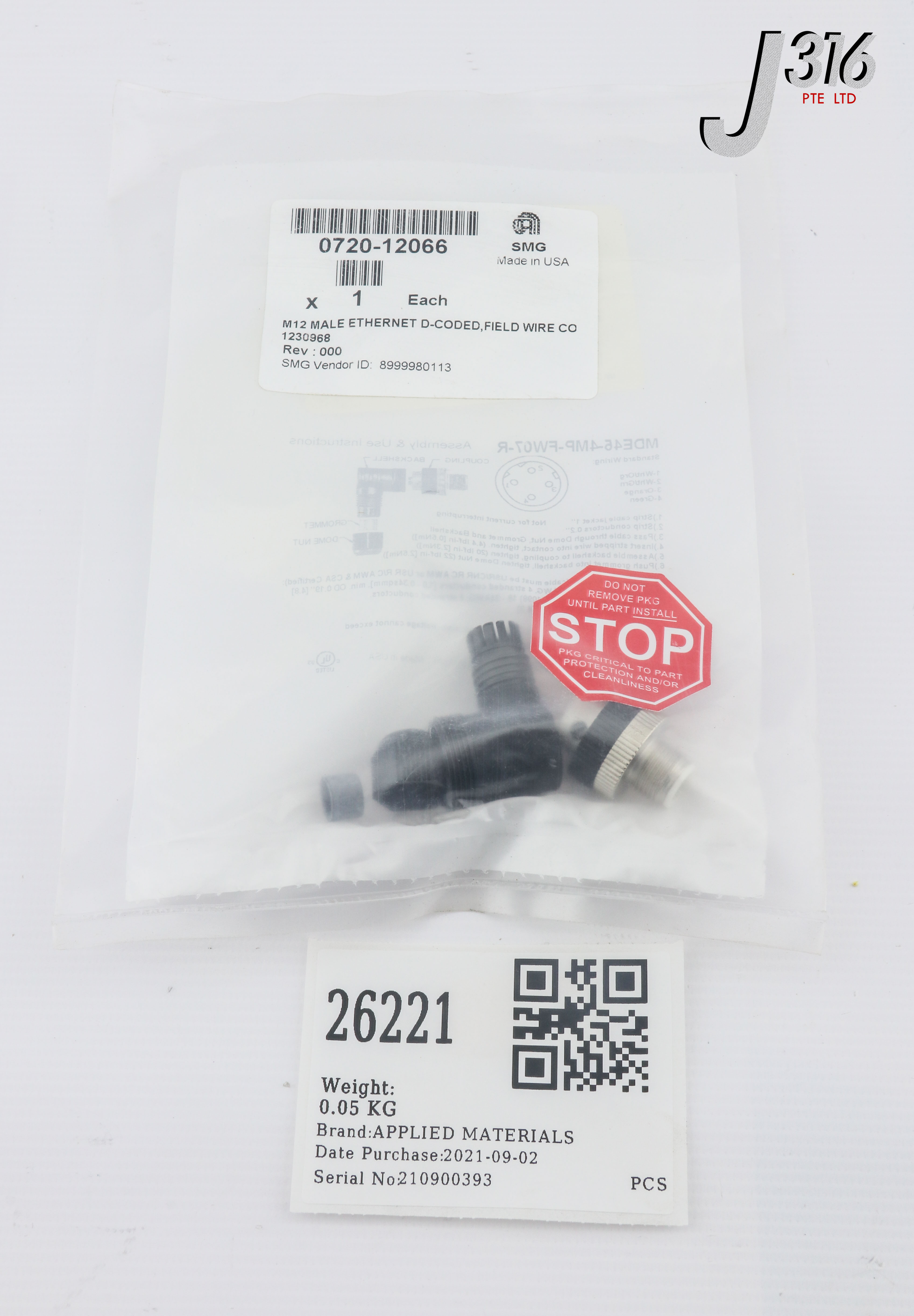 26221 APPLIED MATERIALS M12 MALE ETHERNET D-CODED, FIELD WIRE CO, MDE45-4MP-FW07-R (NEW) 0720-12066