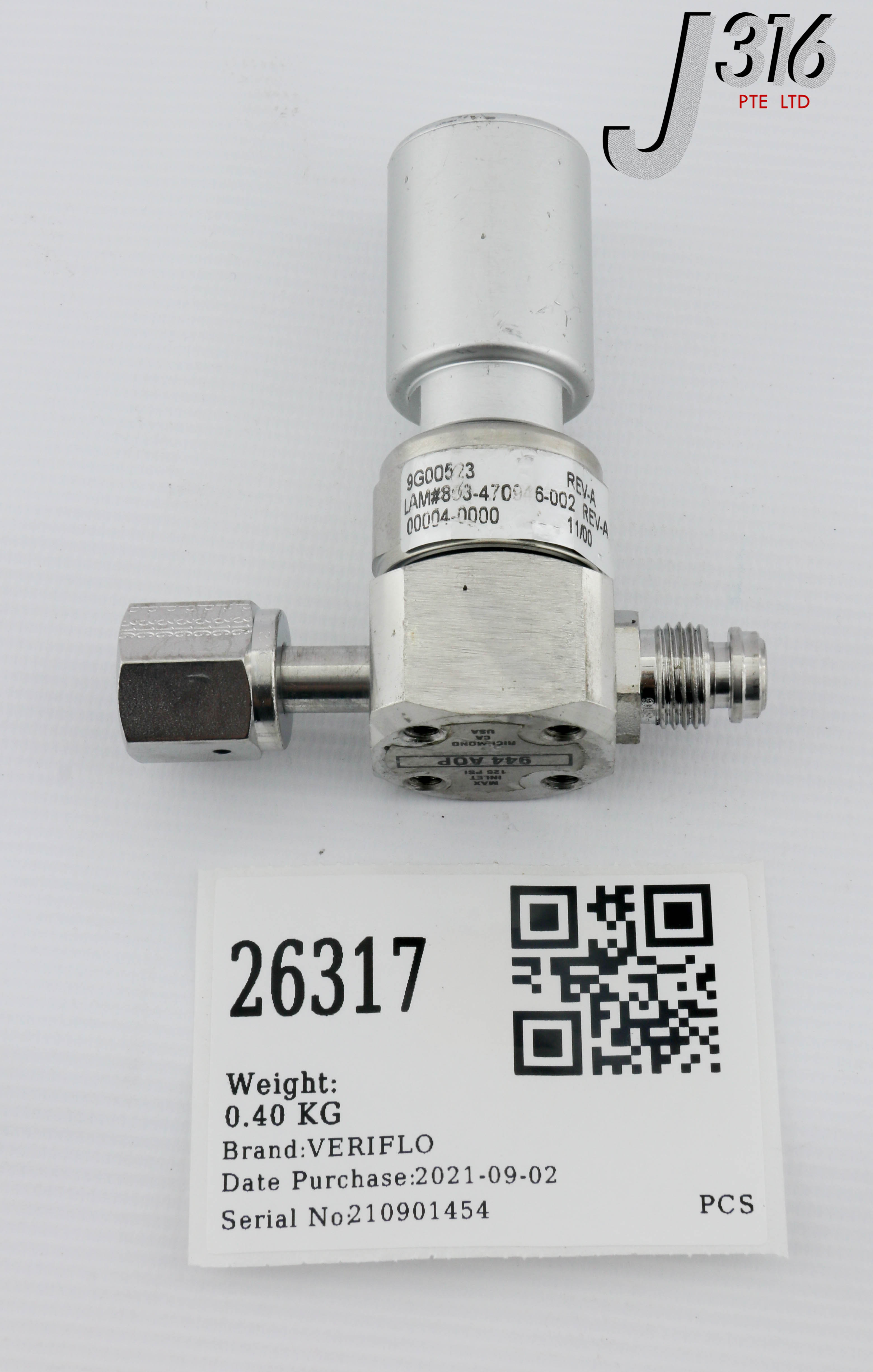 26317 VERIFLO UHP DIAPHRAGM VALVE, 45700284, LAM PN: 853-470946-002 944AOPLPNCSFSMFFR