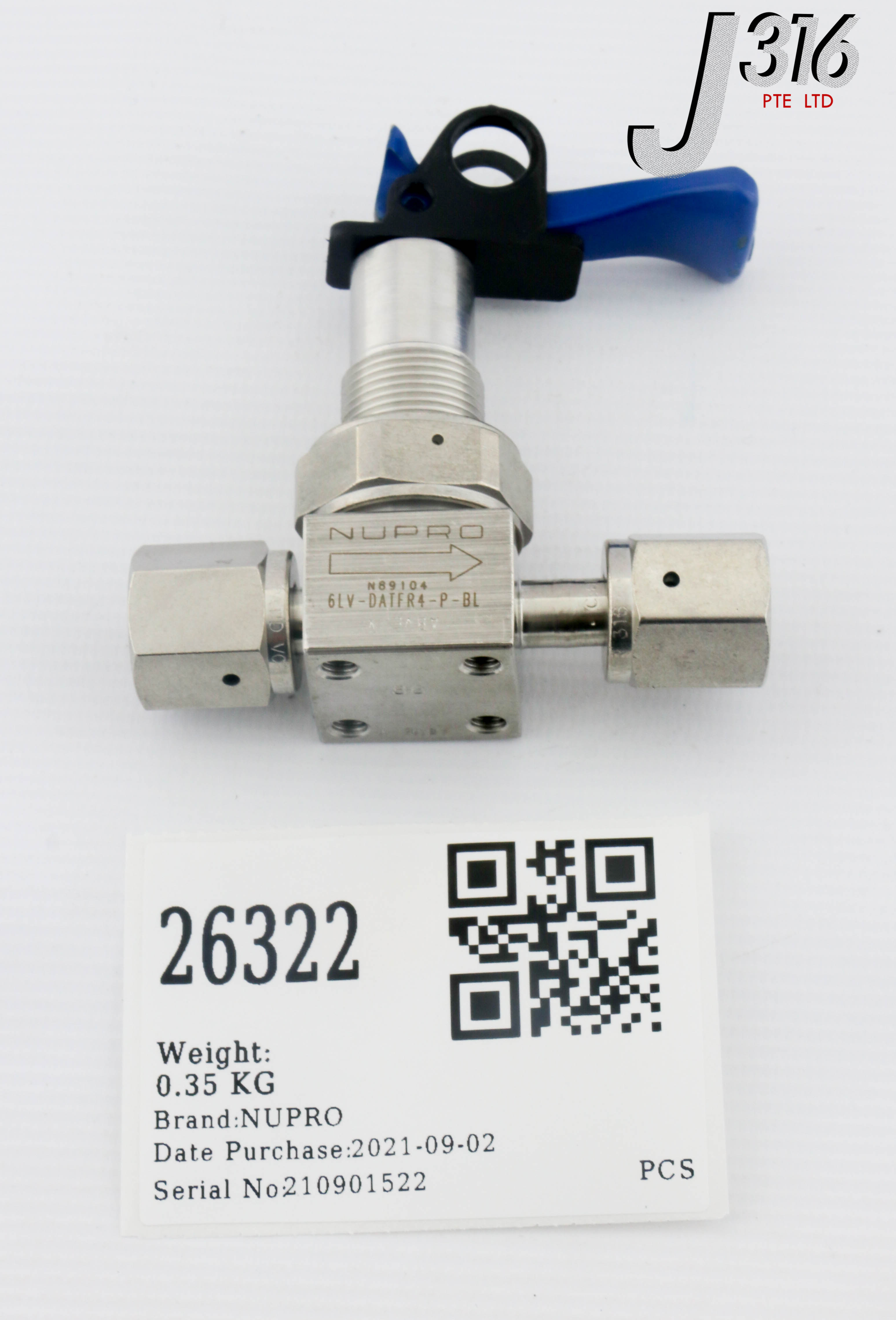 26322 NUPRO MANUAL DIAPHRAGM VALVE, ¼" FVCR, MANUAL TOGGLE 6LV-DATFR4-P-BL
