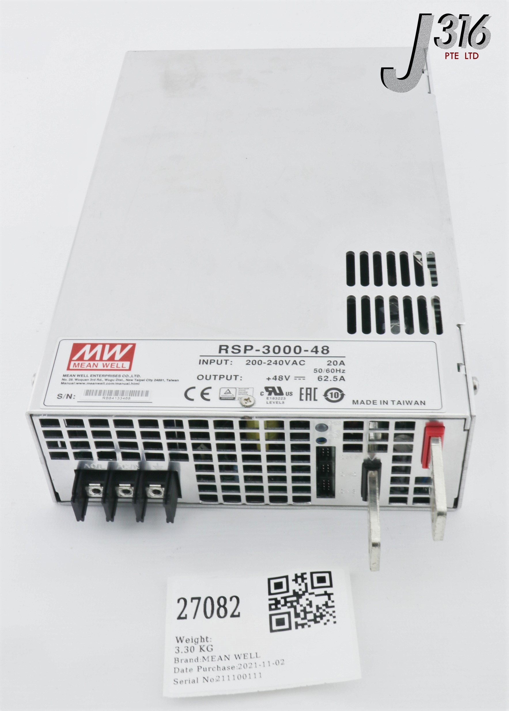 27082 MEAN WELL POWER SUPPLY, INPUT: 200-240VAC, OUTPUT: 48VDC 62.5A  (PARTS) RSP-3000-48 J316Gallery
