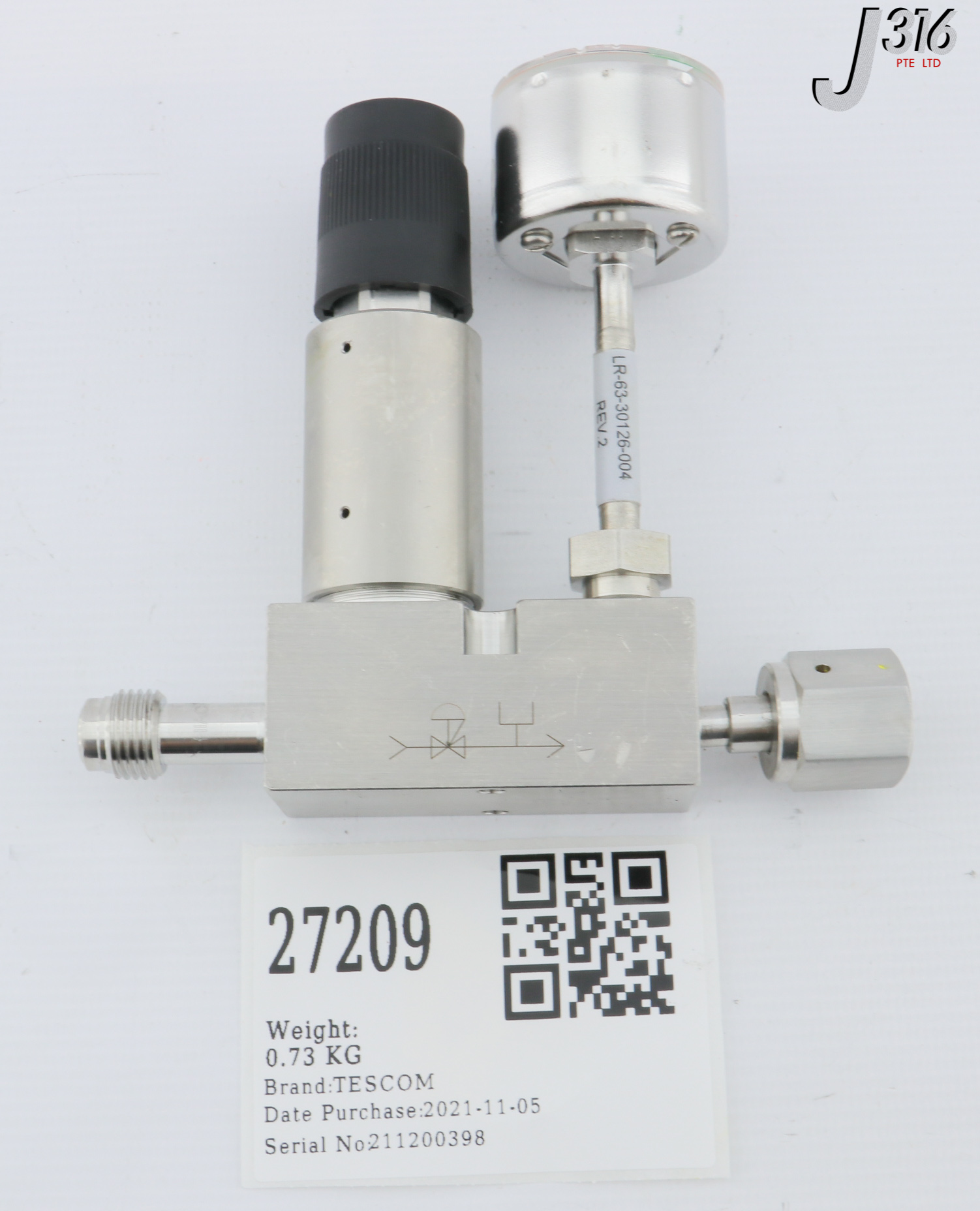 27209 TESCOM HIGH PURITY CONTROLS REGULATOR 150PSI W/ LR-63-30126-004 GAUGE 12-1K21AAED-072