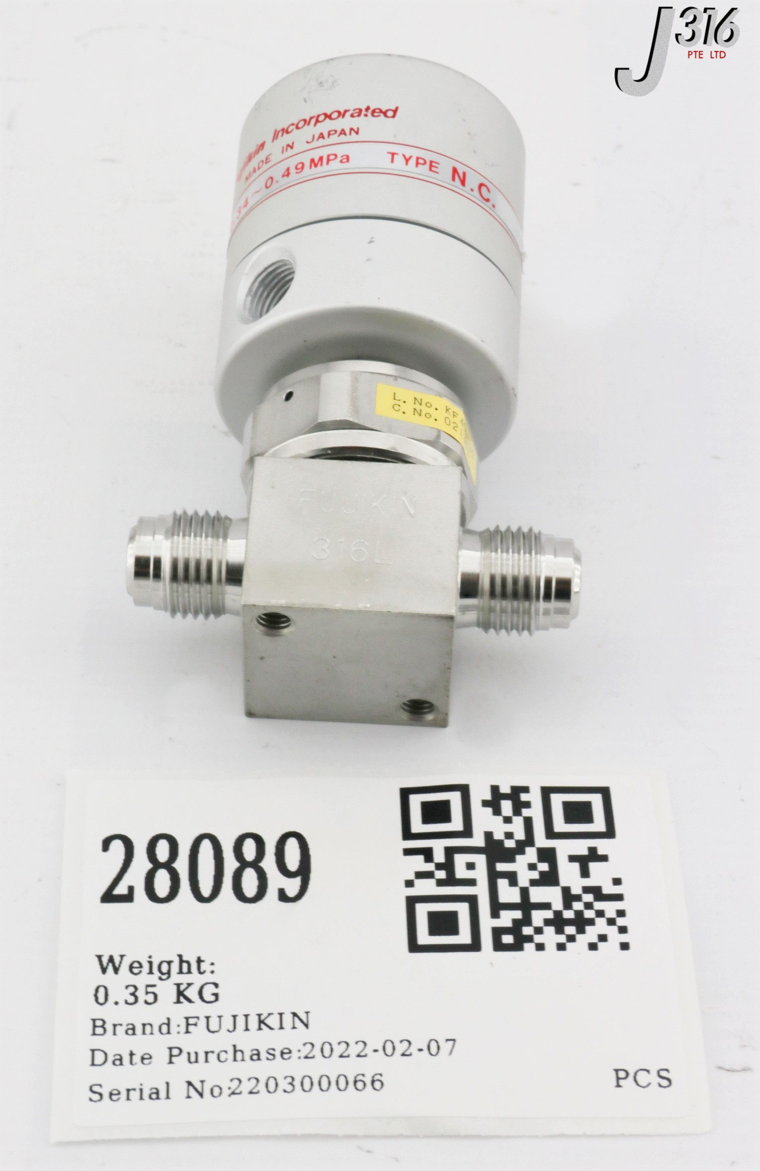 28089 FUJIKIN DIAPHRAGM VALVE, TYPE N.C., O.P. 0.34~0.49MPA 021360