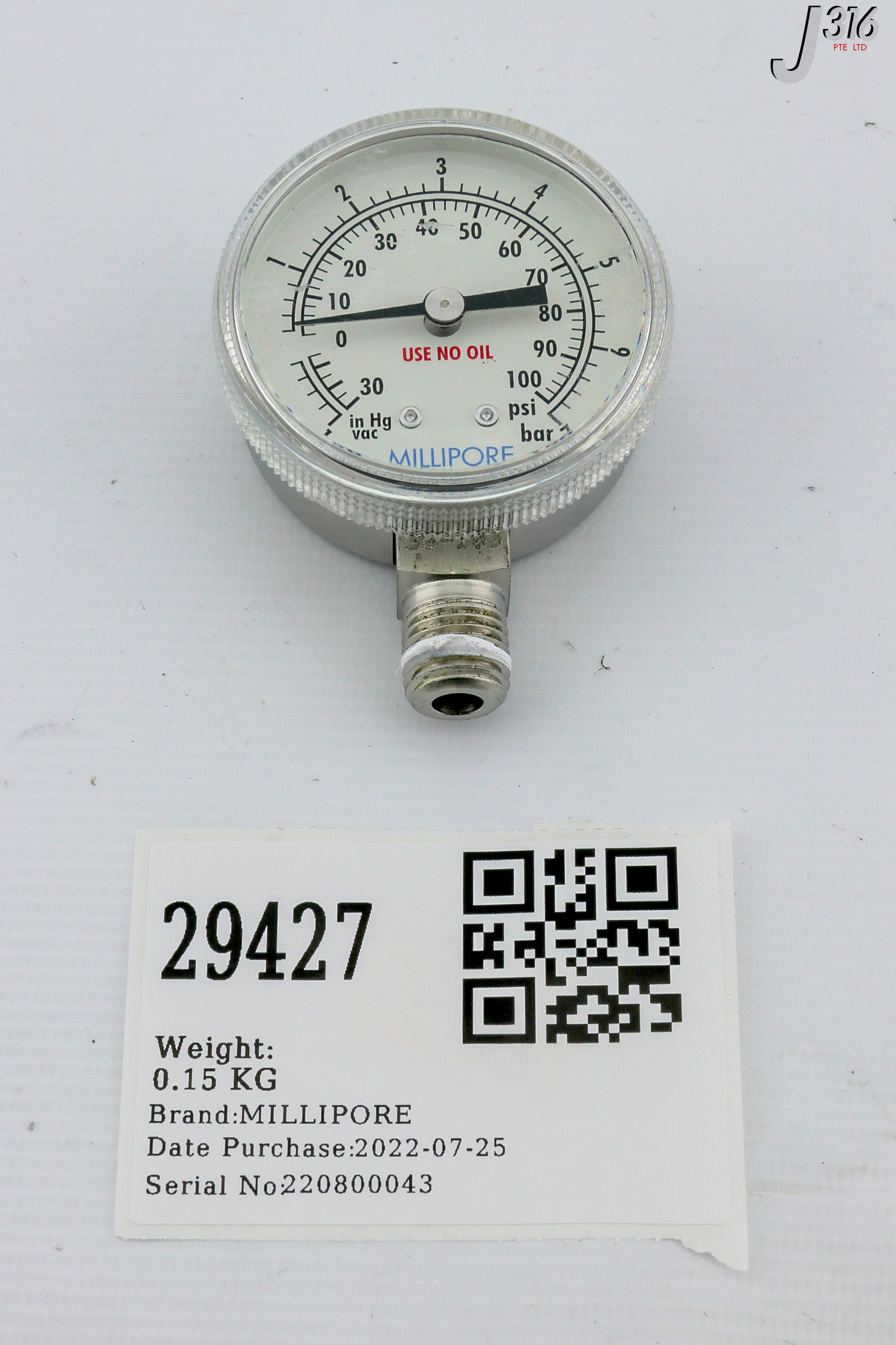 29427 MILLIPORE PRESSURE GAUGE, -30 - 100 PSI 01-0140-F