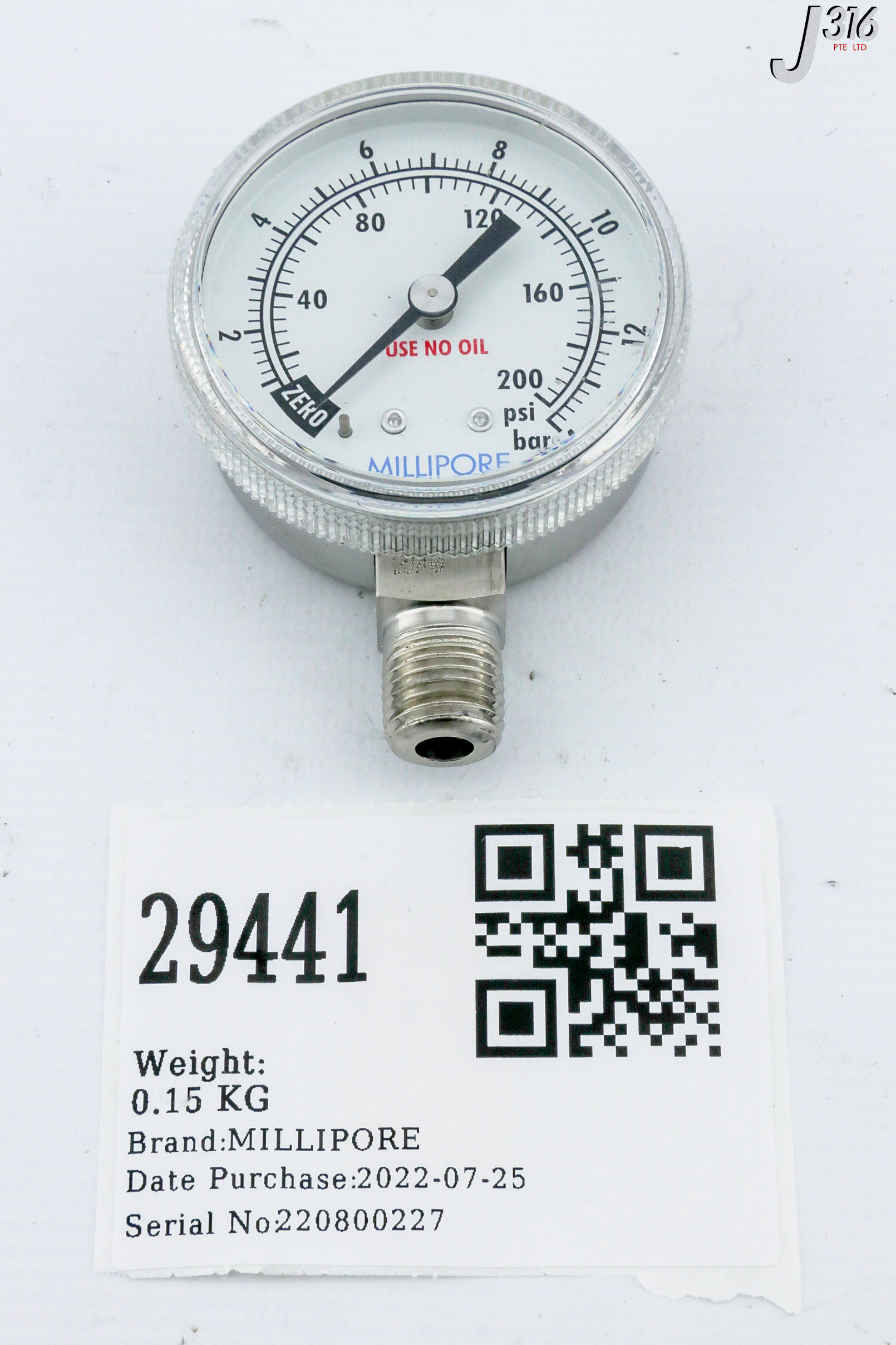 29441 MILLIPORE PRESSURE GAUGE, 0 - 200 PSI 01-0152-H