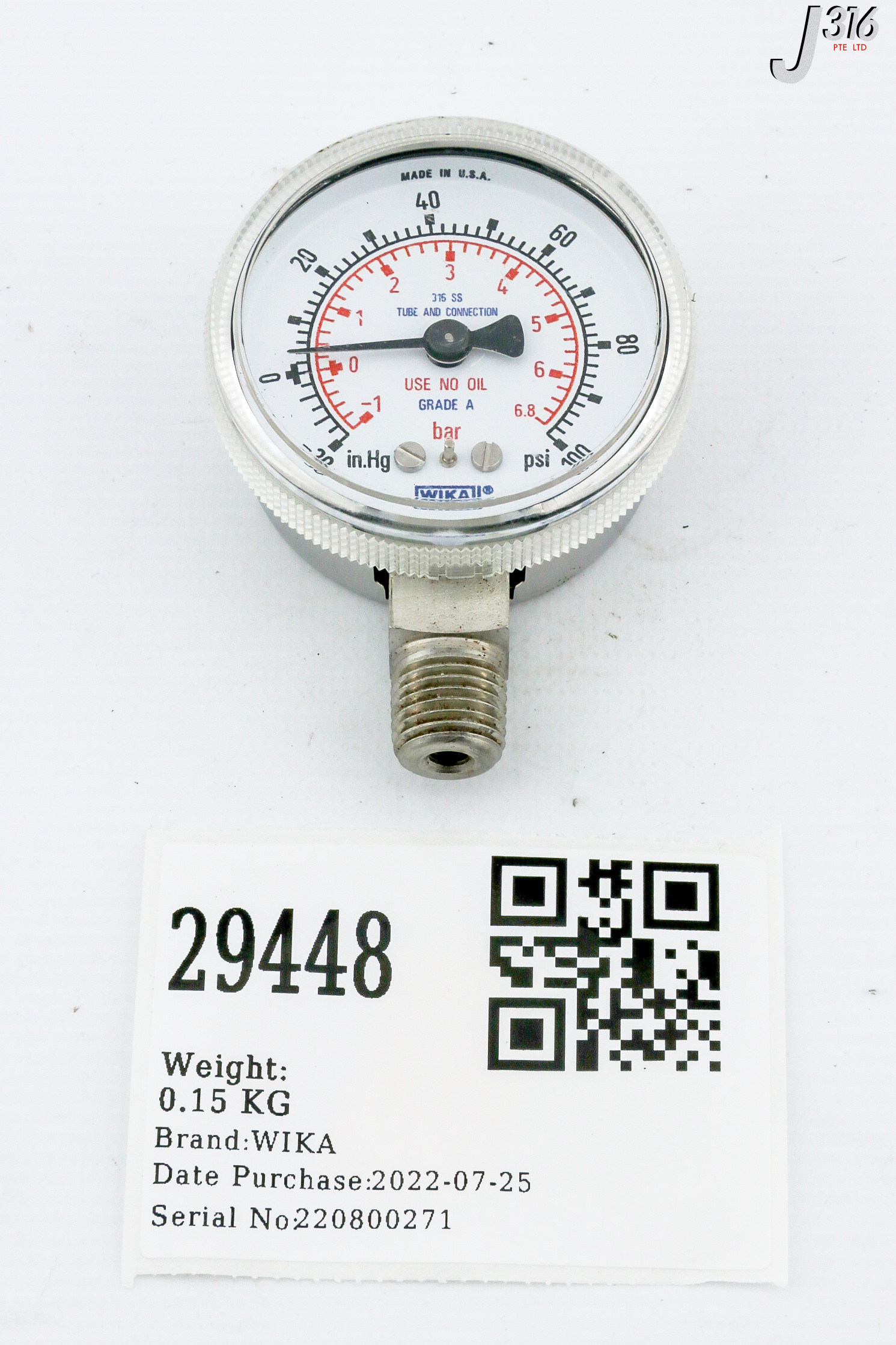 29448 WIKA PRESSURE GAUGE, -30 - 100 PSI 316 SS TUBE AND CONNECTION