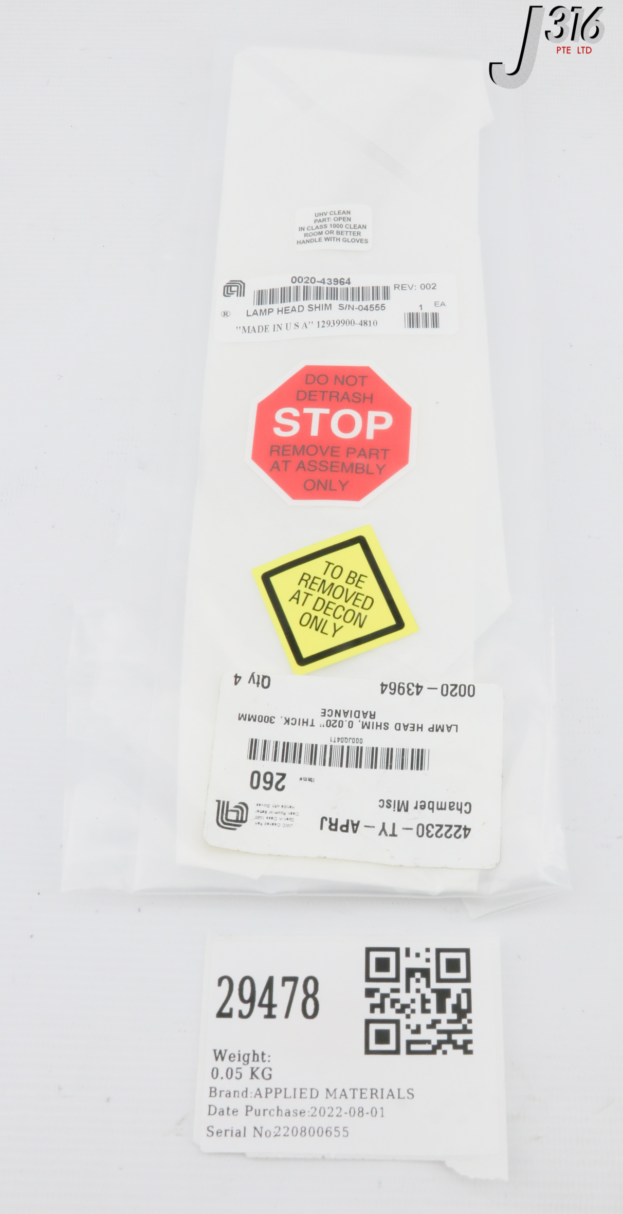 29478 APPLIED MATERIALS LAMP HEAD SHIM, 0.020" THICK, 300MM RADIANCE (NEW) 0020-43964