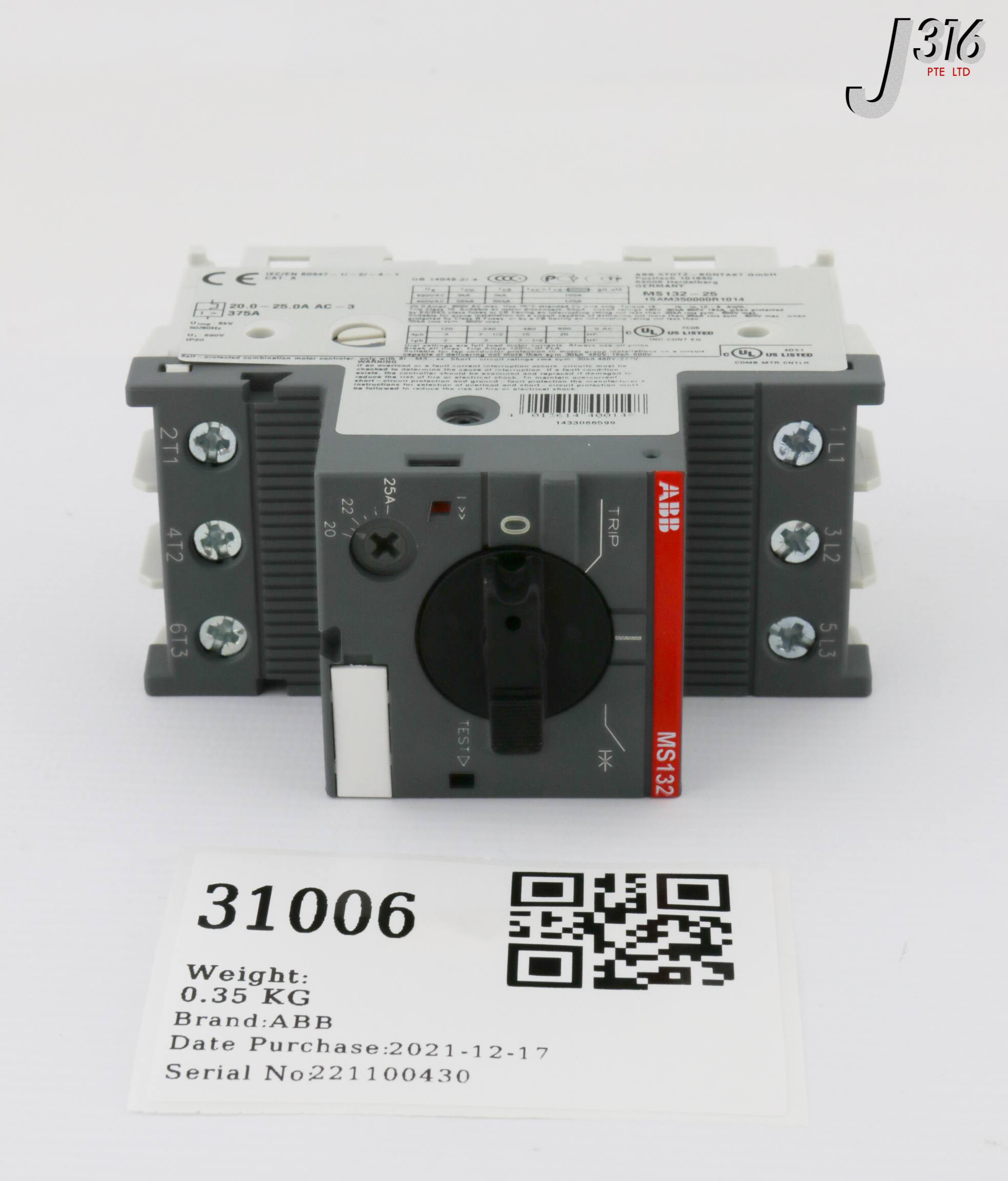 31006 ABB MANUAL MOTOR STARTER, 25A (NEW) MS132-25