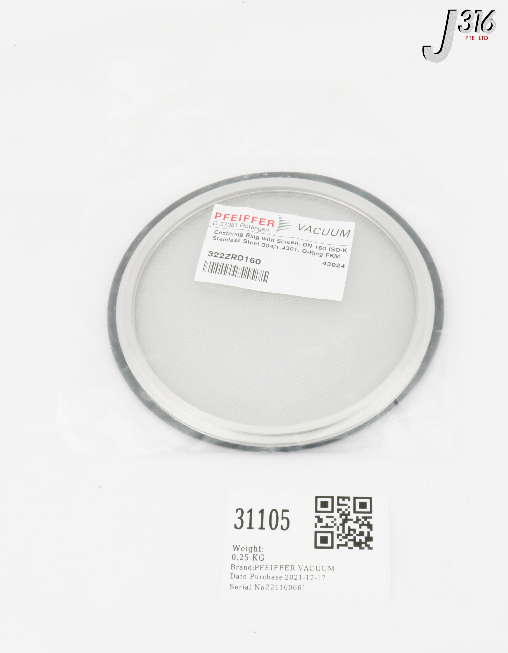 31105 PFEIFFER VACUUM CENTERING RING WITH SCREEN, DN 160 ISO-K STAINLESS STEEL 304/1.4301, O-RING FKM (NEW) 322ZRD160