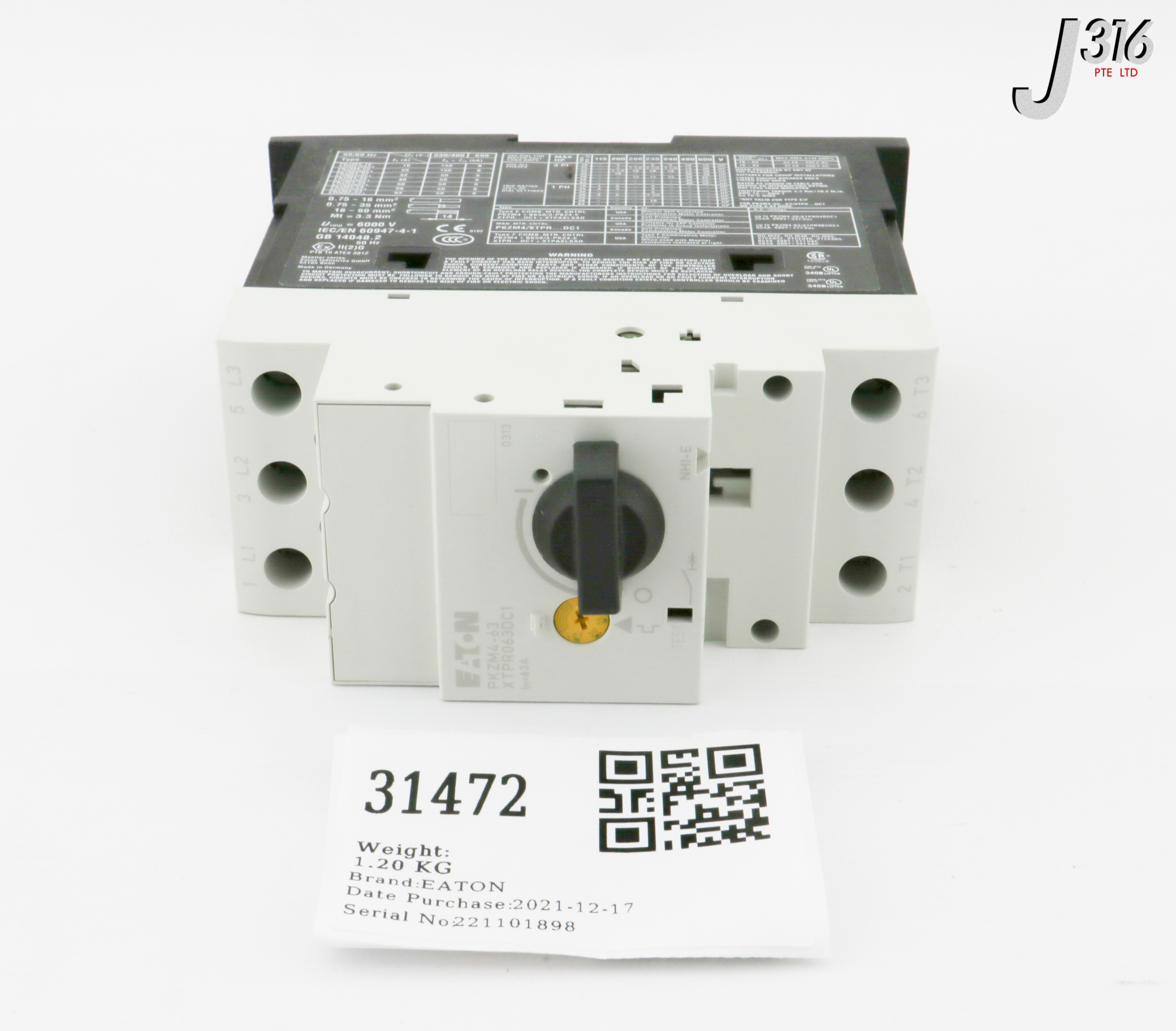 31472 EATON MOTOR PROTECTIVE, CIRCUIT BREAKER, 55...63 A, XTPR063DC1NL (NEW) PKZM4-63