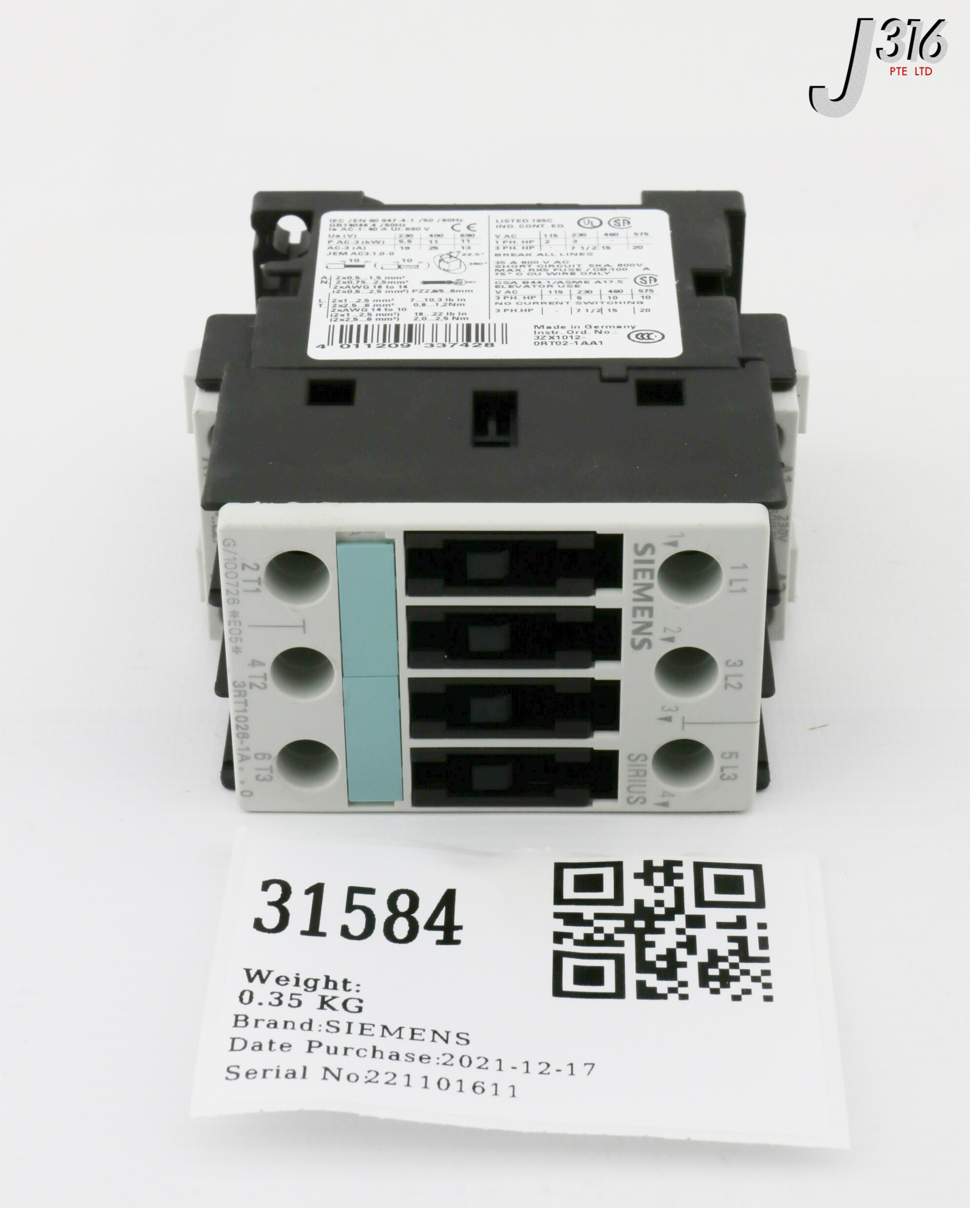 31584 SIEMENS CONTACTOR, 400V 25A 11KW (NEW) 3RT1026-1AL20