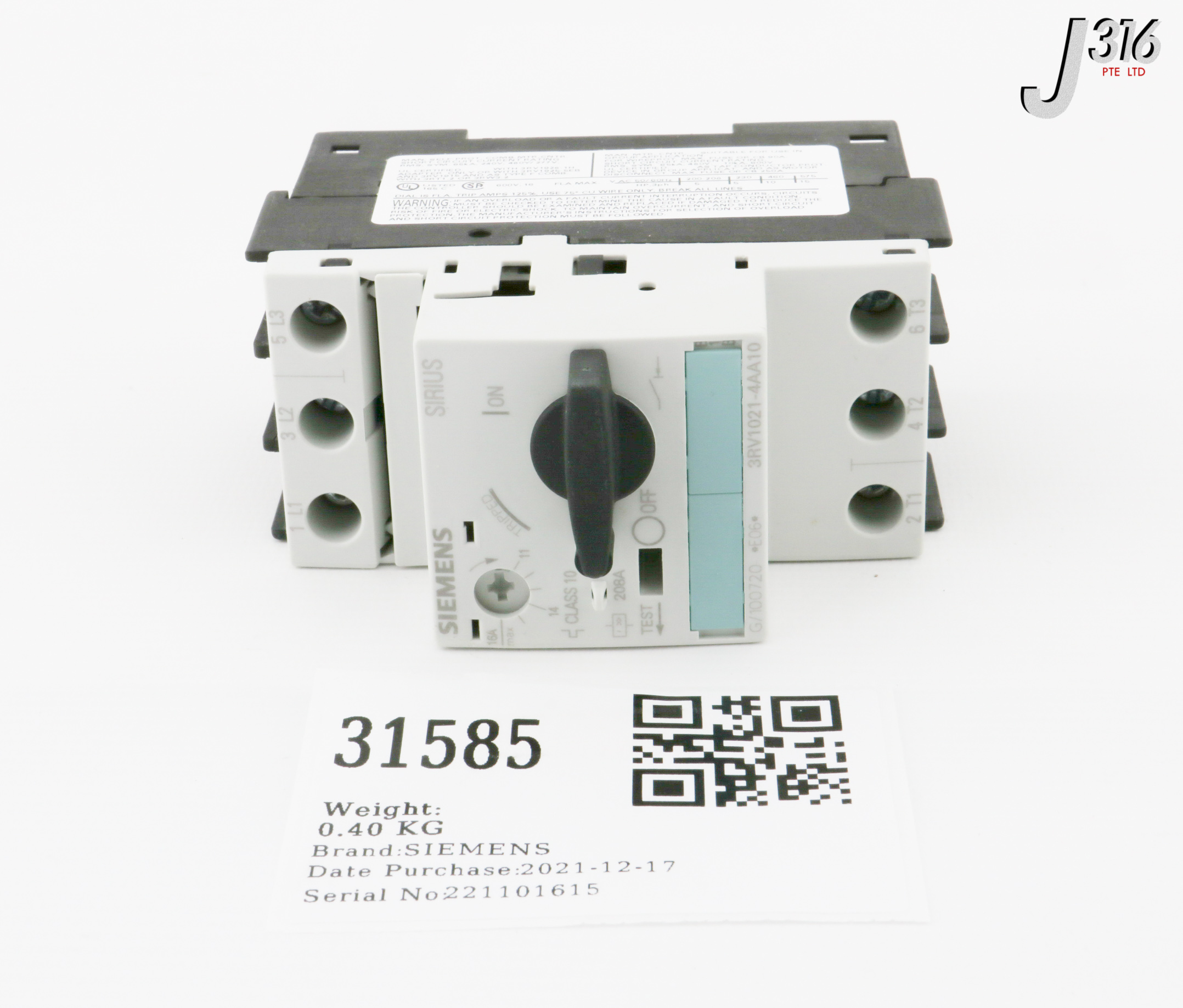 31585 SIEMENS MOTOR PROTECTION CIRCUIT BREAKER, 16A (NEW) 3RV1021-4AA10
