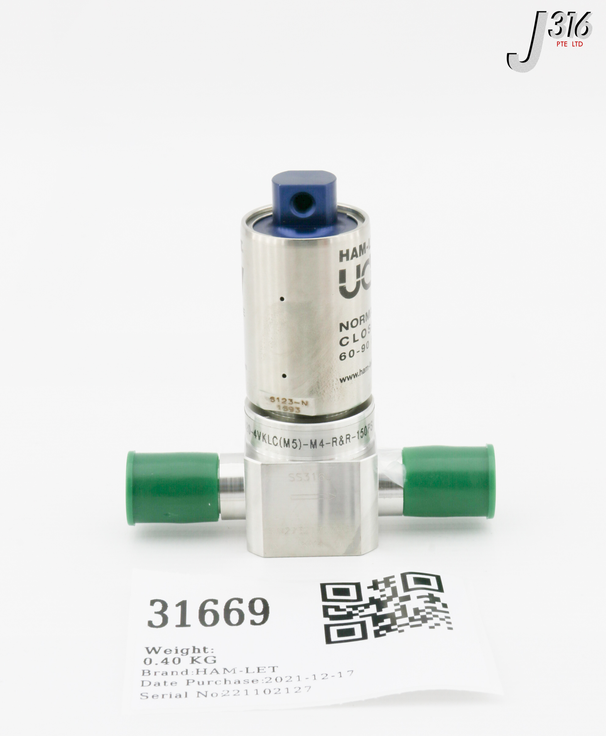 31669 HAM-LET DIAPHRAGM VALVE, NORMALLY CLOSED, 60-90PSI (NEW) HM20-4VKLC(M5)-M4-R&R-150PSI