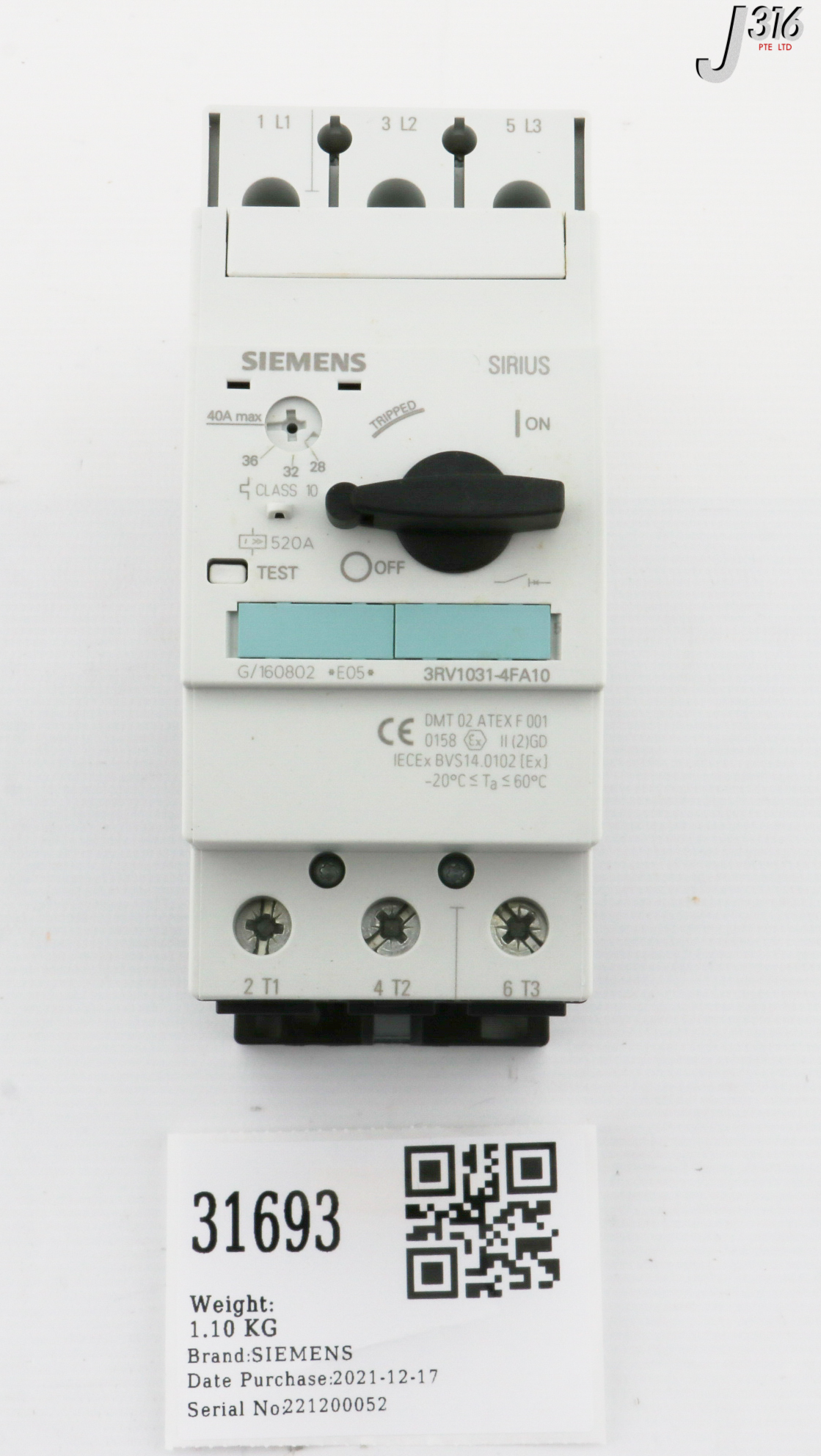 31693 SIEMENS CIRCUIT BREAKER, 40A (NEW) 3RV1031-4FA10
