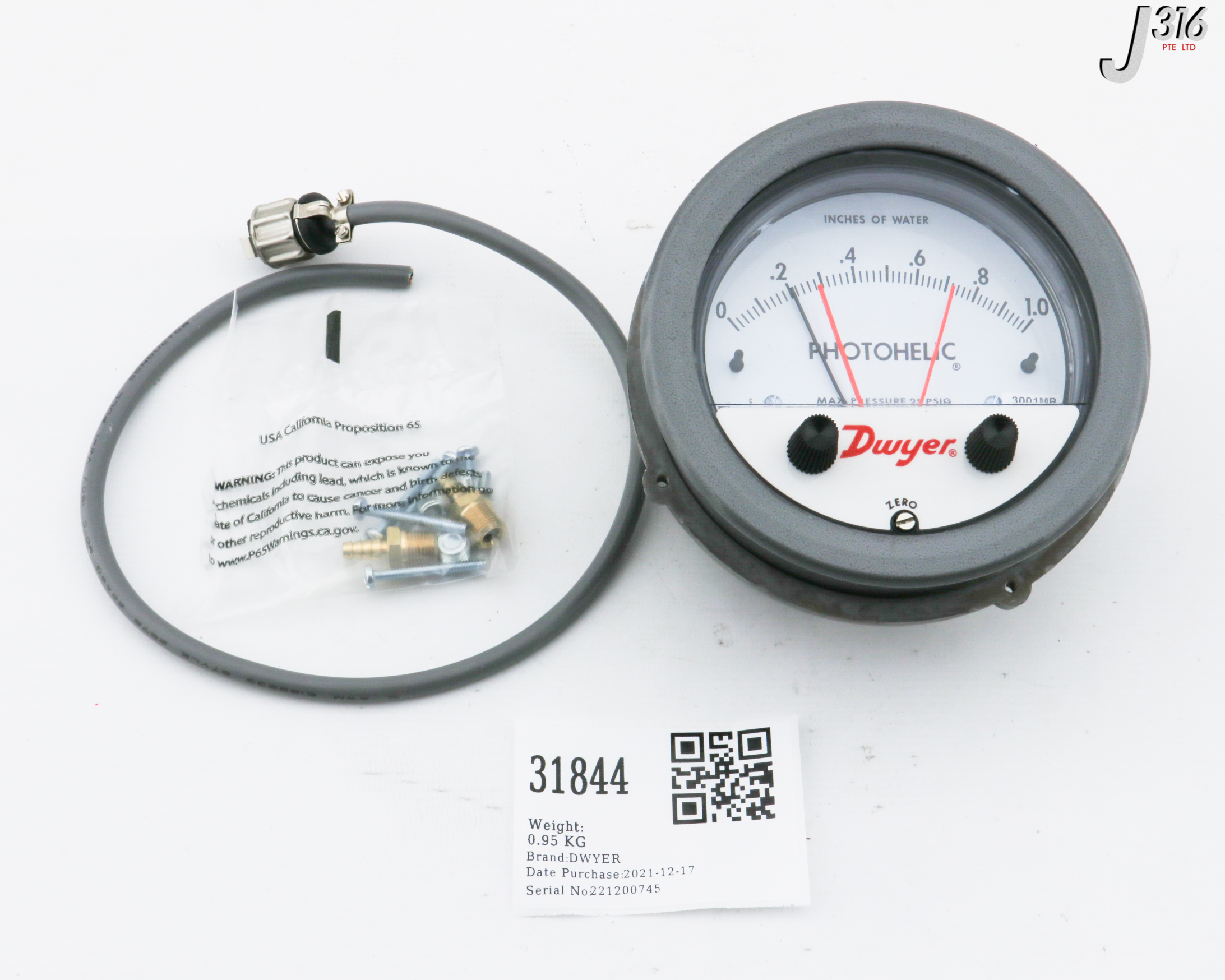 31844 DWYER SERIES 3000MR PHOTOHELIC DIFFERENTIAL PRESSURE SWITCH/GAUGE  (NEW) 3001MR