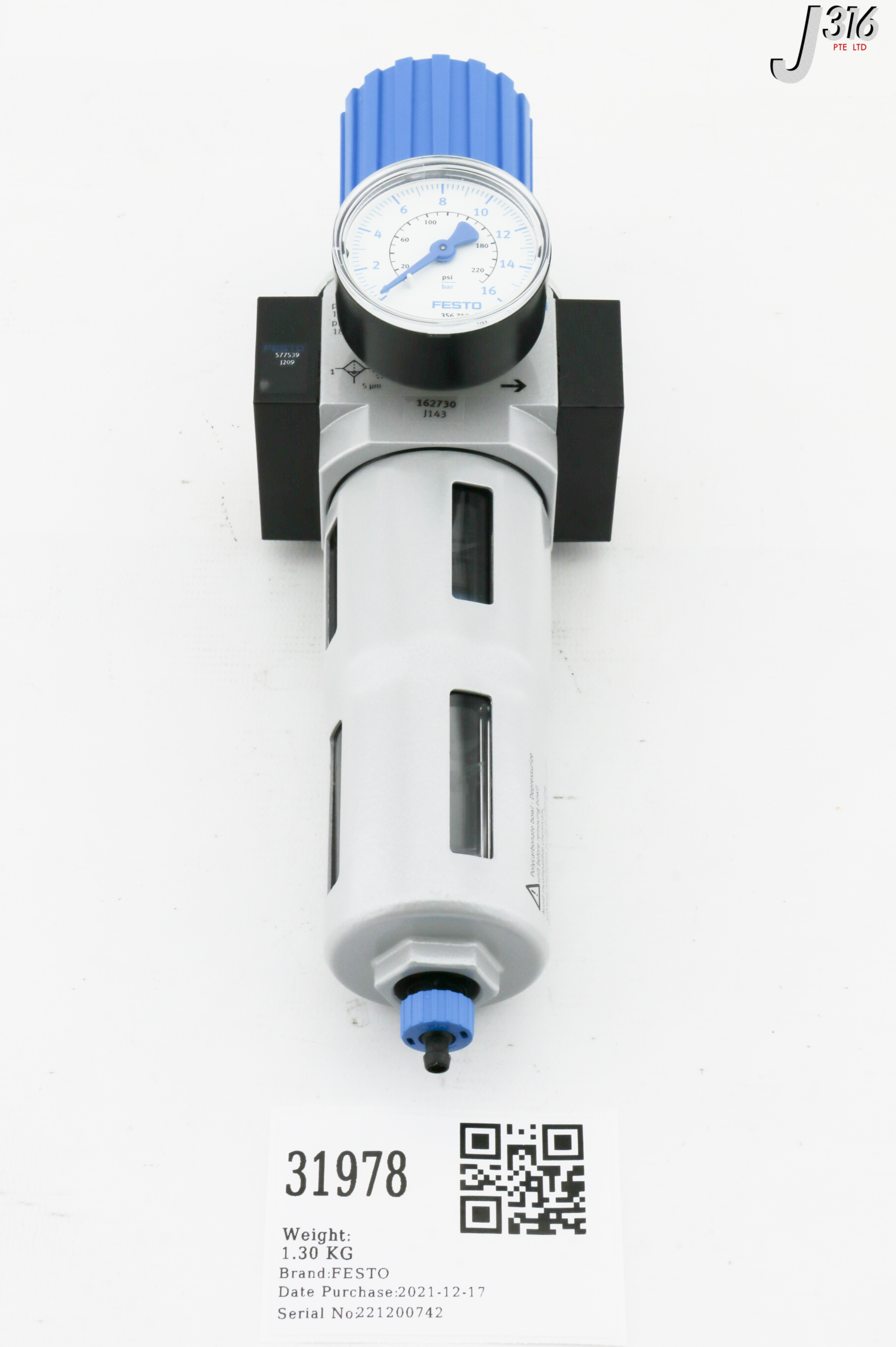 31978 FESTO FILTER REGULATOR 162730 W/ PRESSURE GAUGE (NEW) LFR-1/2-D-5M-MIDI-A