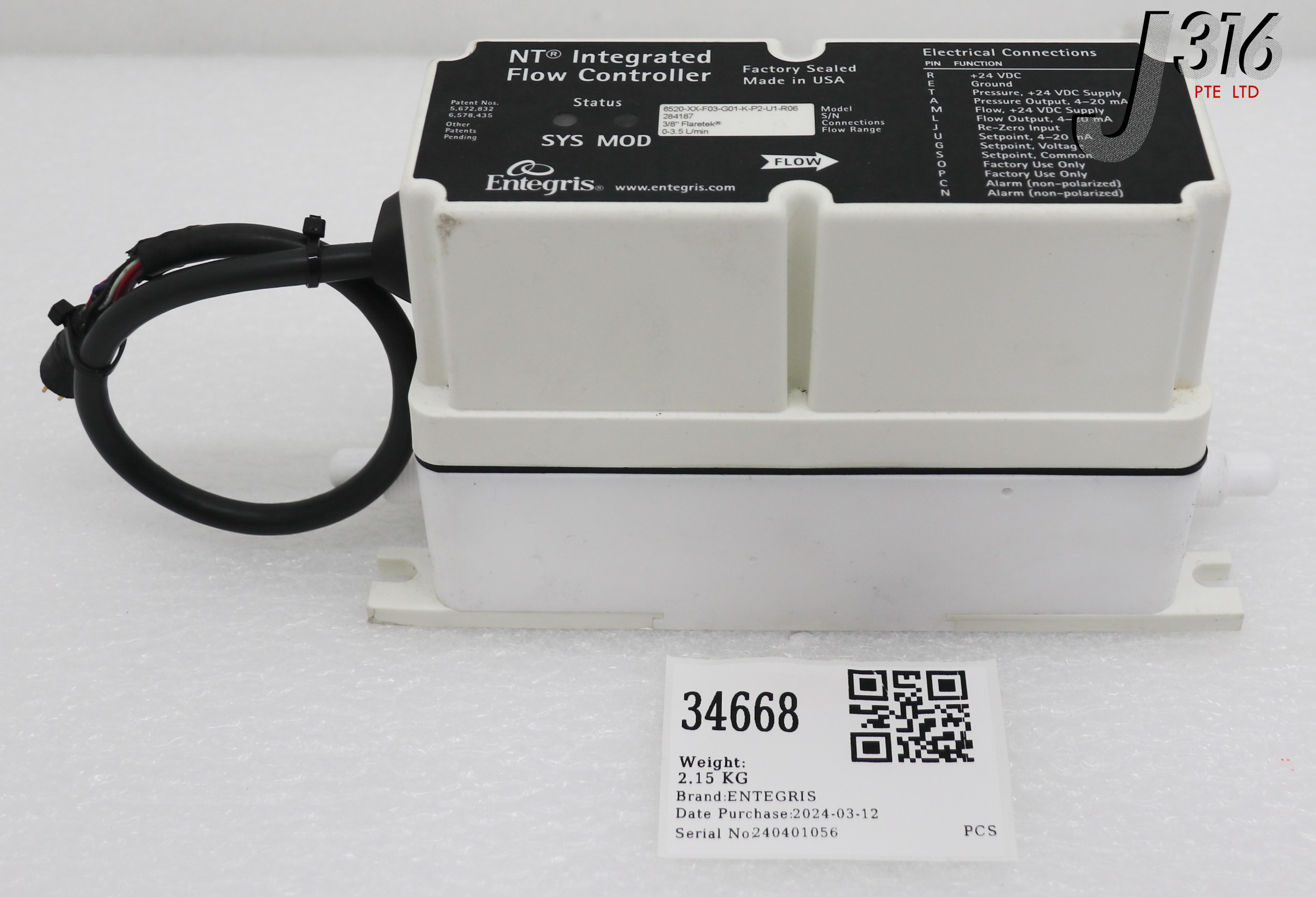 34668 ENTEGRIS NT INTEGRATED FLOW CONTROLLER 6520-XX-F03-G01-K-P2-U1-R06