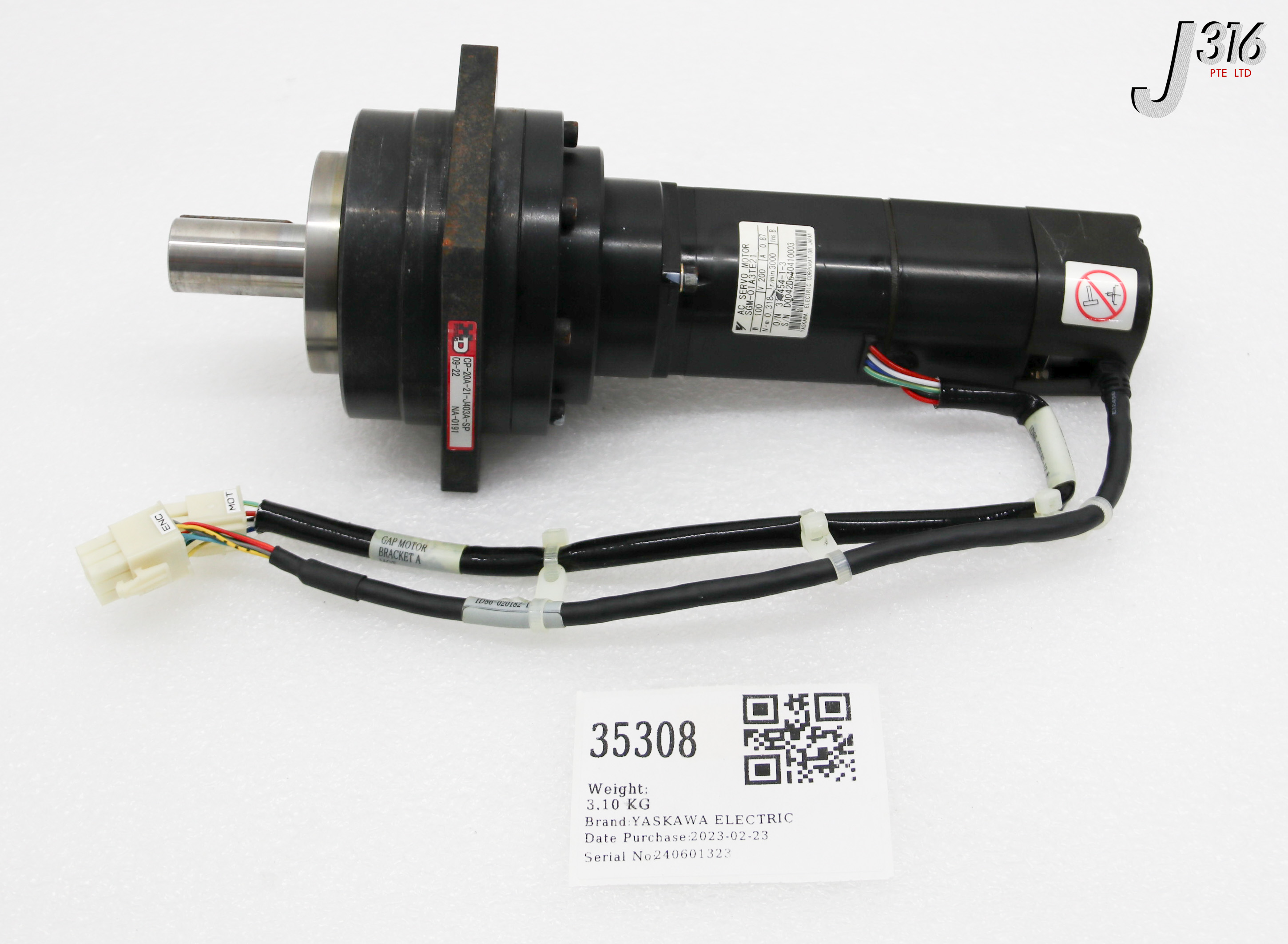 35308 YASKAWA ELECTRIC AC SERVO MOTOR W/ GEAR CP-20A-21-J403A-SP SGM-01A3TE21