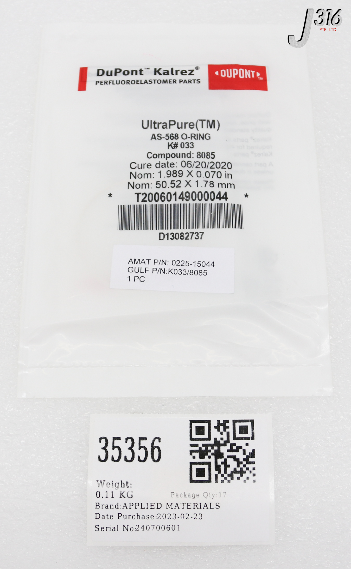 35356 APPLIED MATERIALS O-RING ID 1.989 CSD .070 KALREZ AS-568A K# 033, COMPOUND 8085 (NEW) 0225-15044