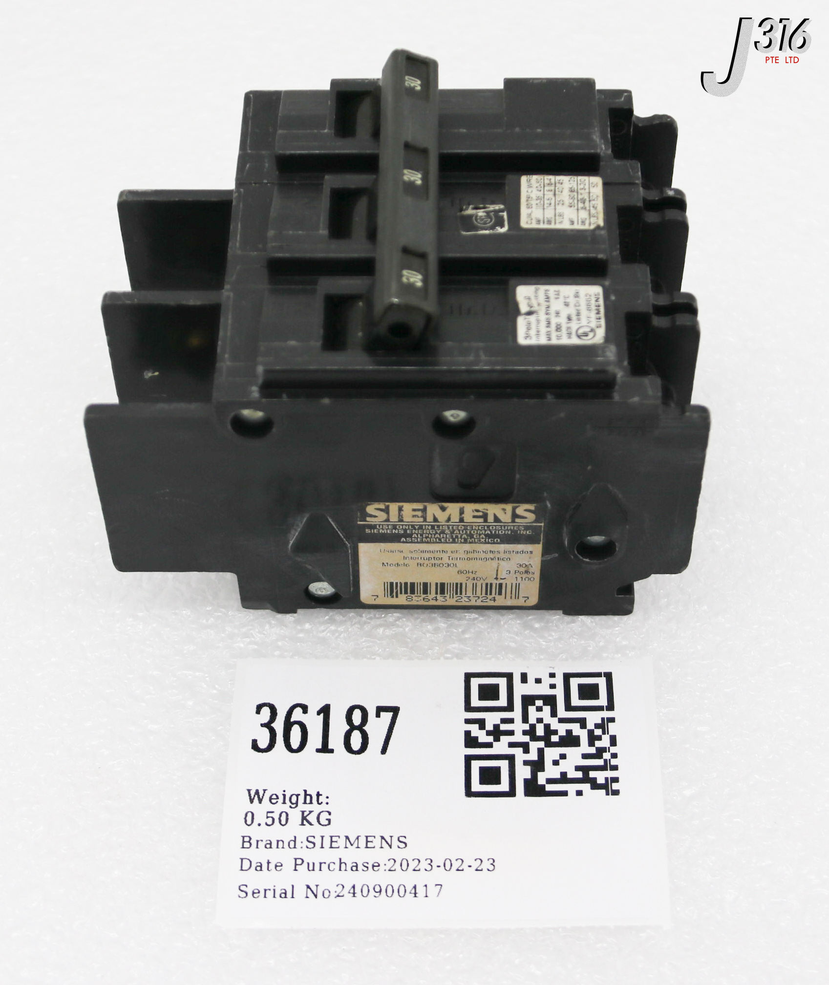 36187 SIEMENS 3-POLE CIRCUIT BREAKER, 30A BQ3B030L