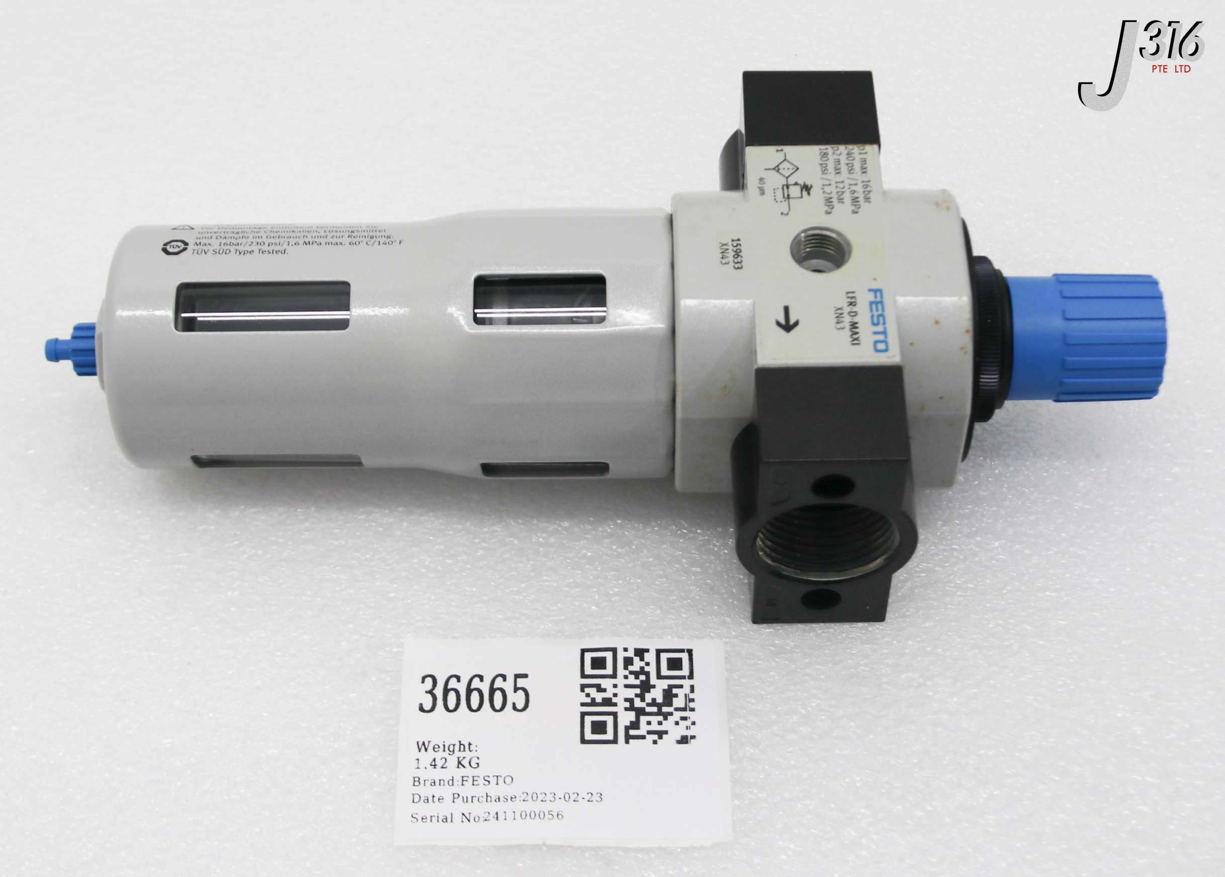 36665 FESTO PNEUMATIC FILTER REGULATOR, 159633 LFR-D-MAXI