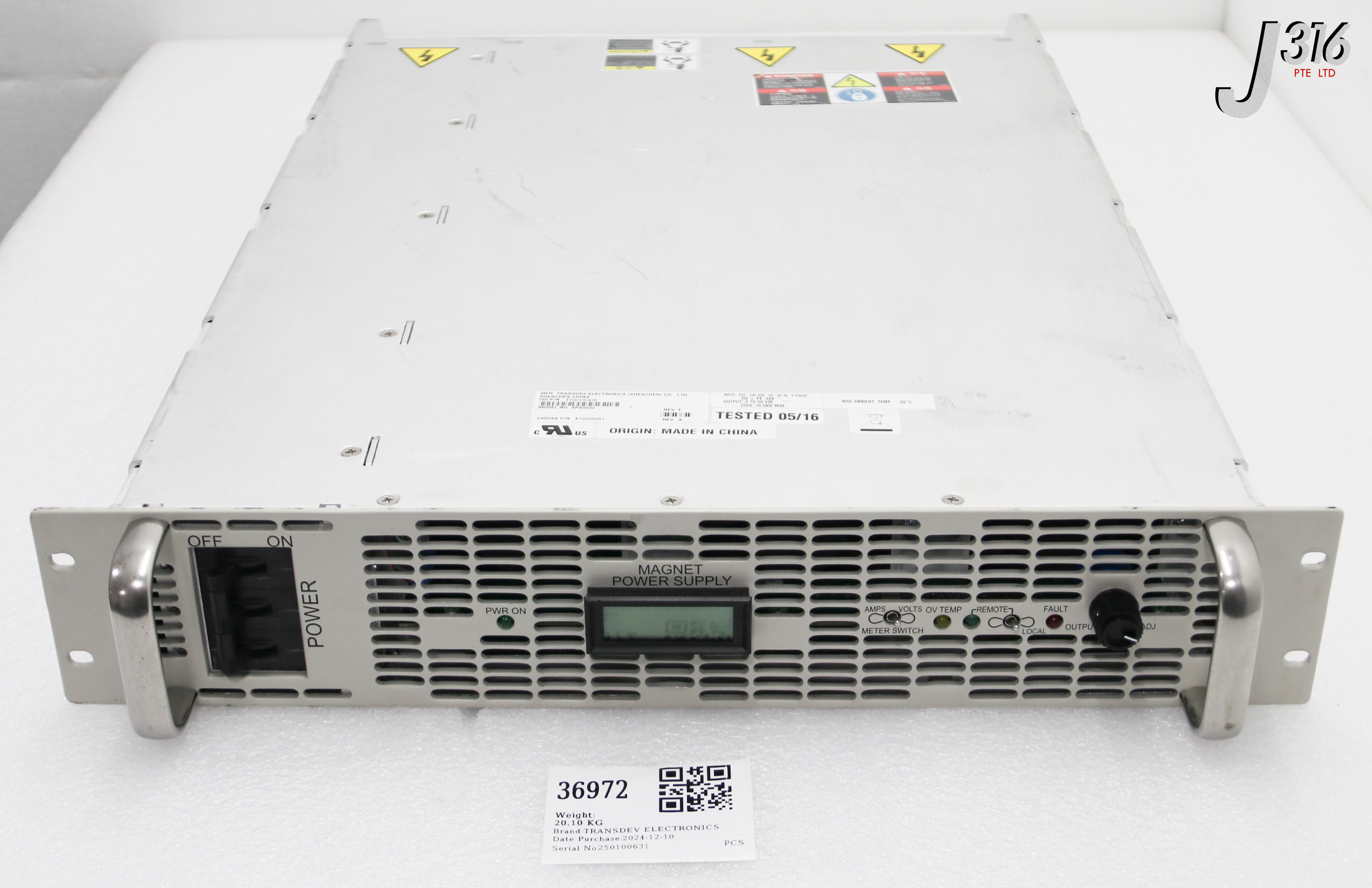 36972 TRANSDEV ELECTRONICS MAGNET POWER SUPPLY, P/N: T100100476, VARIAN E19296981 (PARTS) SPS5892