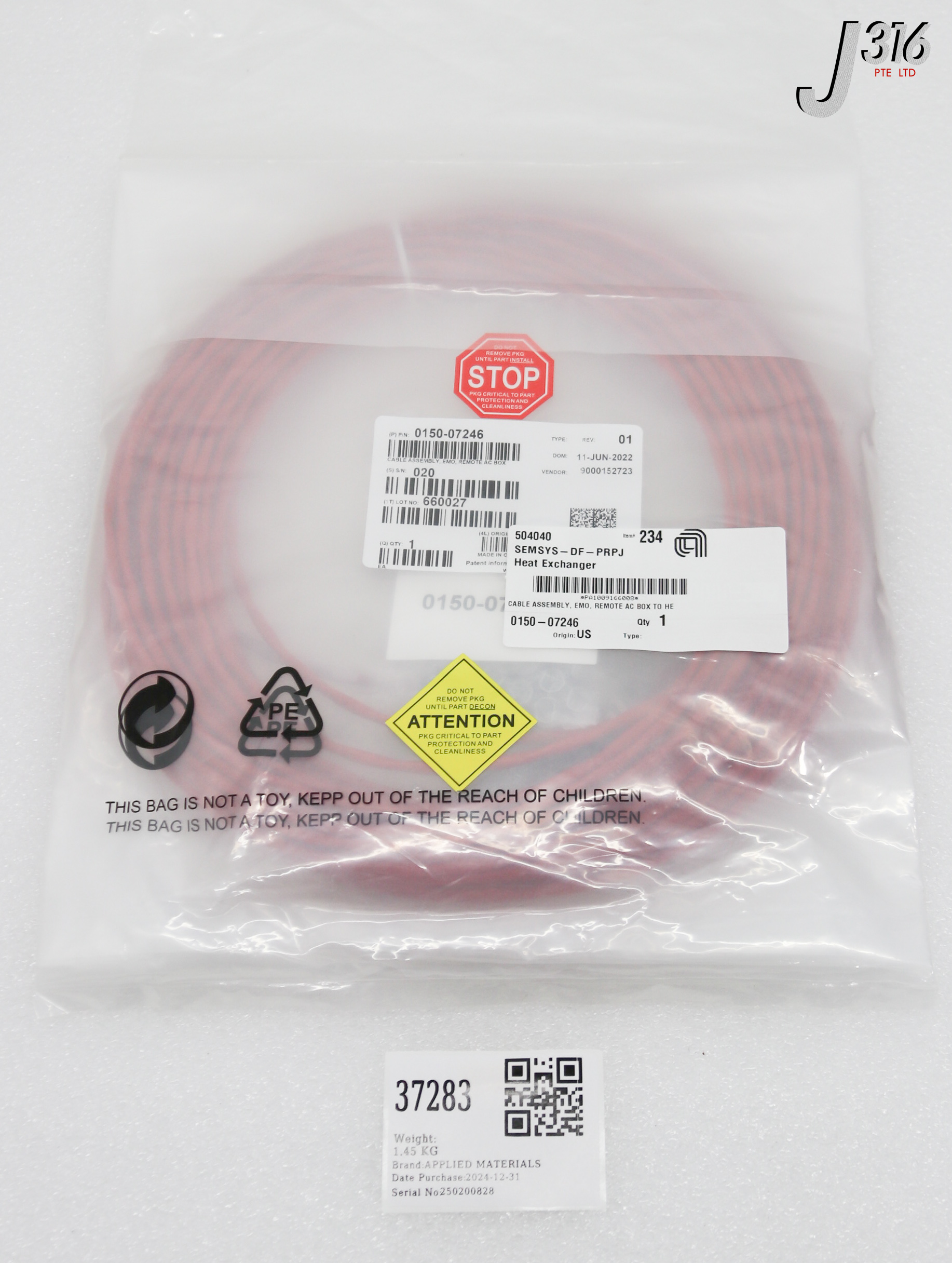 37283 APPLIED MATERIALS CABLE ASSY, EMO, REMOTE AC BOX TO HEAT EXCHANGER (NEW) 0150-07246