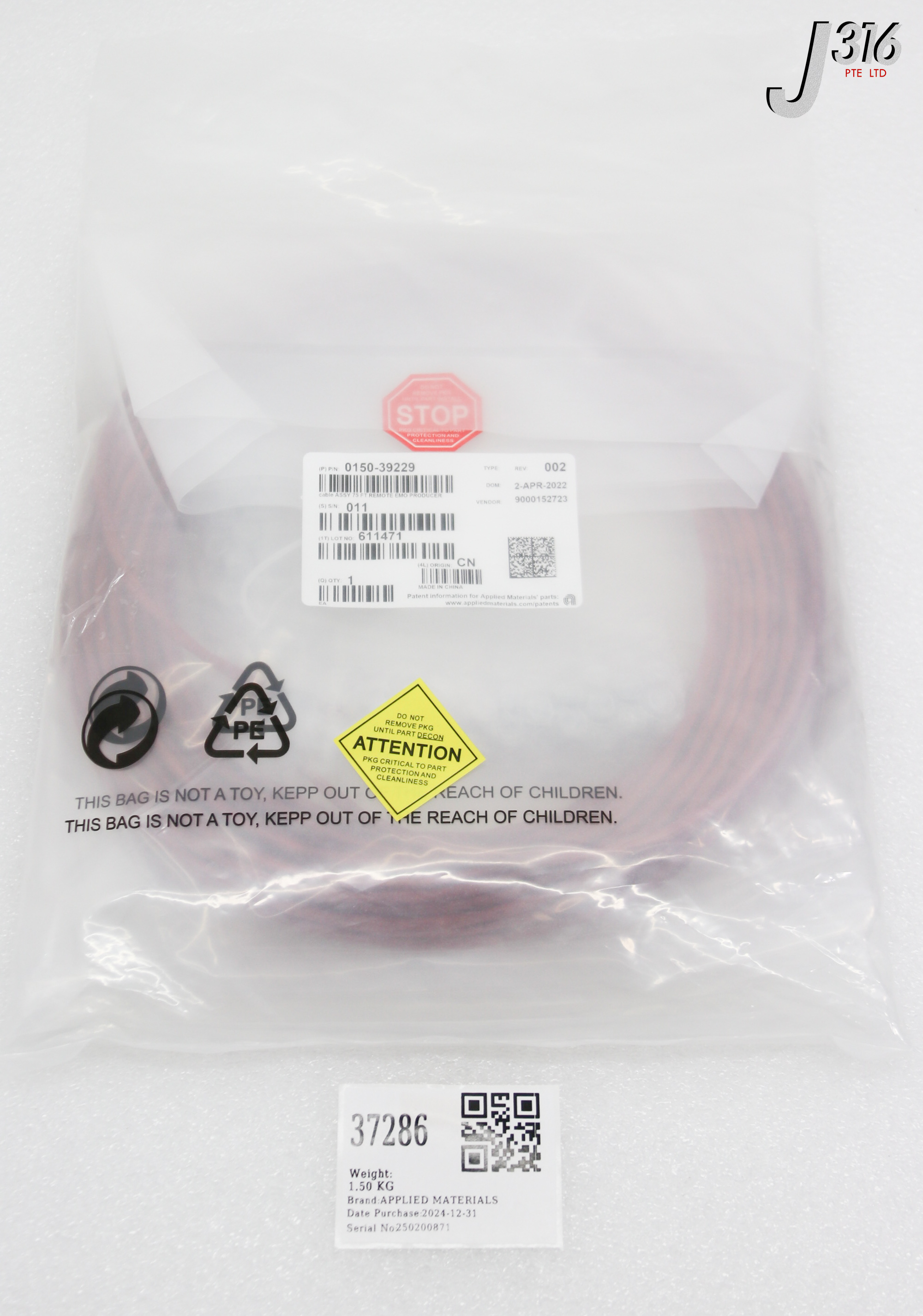 37286 APPLIED MATERIALS CABLE ASSY 75 FT REMOTE EMO PRODUCER (NEW) 0150-39229